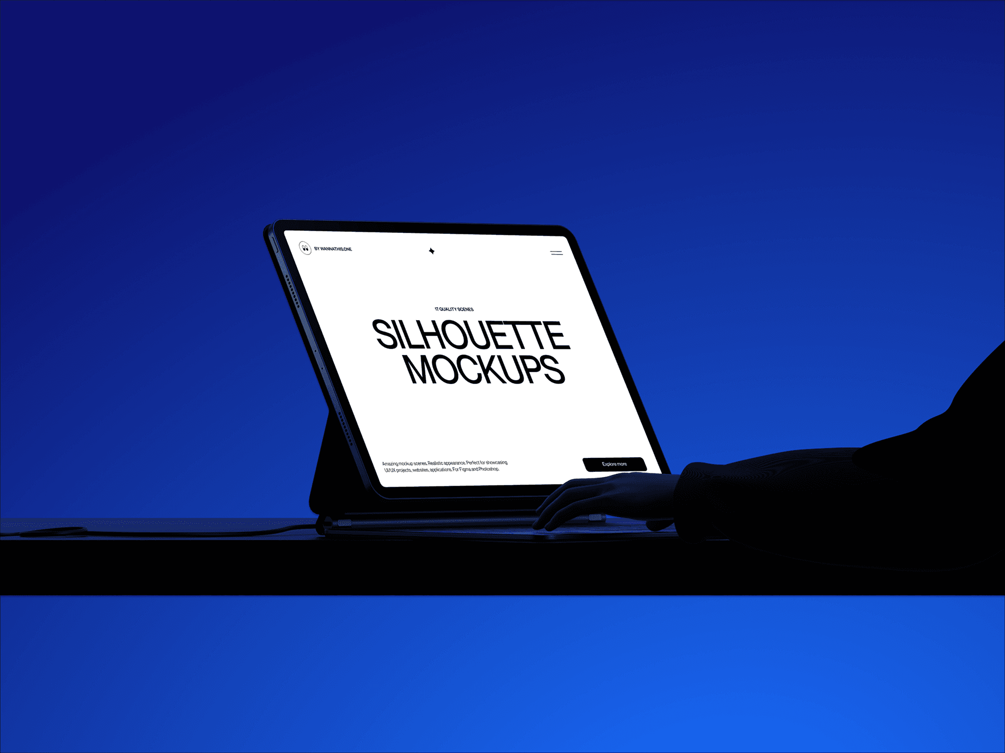A silhouette of a person using a tablet mockup on a table in a dark, high-contrast scene.