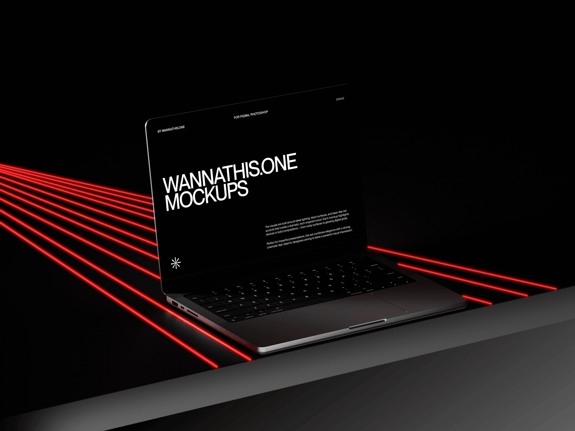 Laptop mockup enhanced with red linear laser lights and shadows