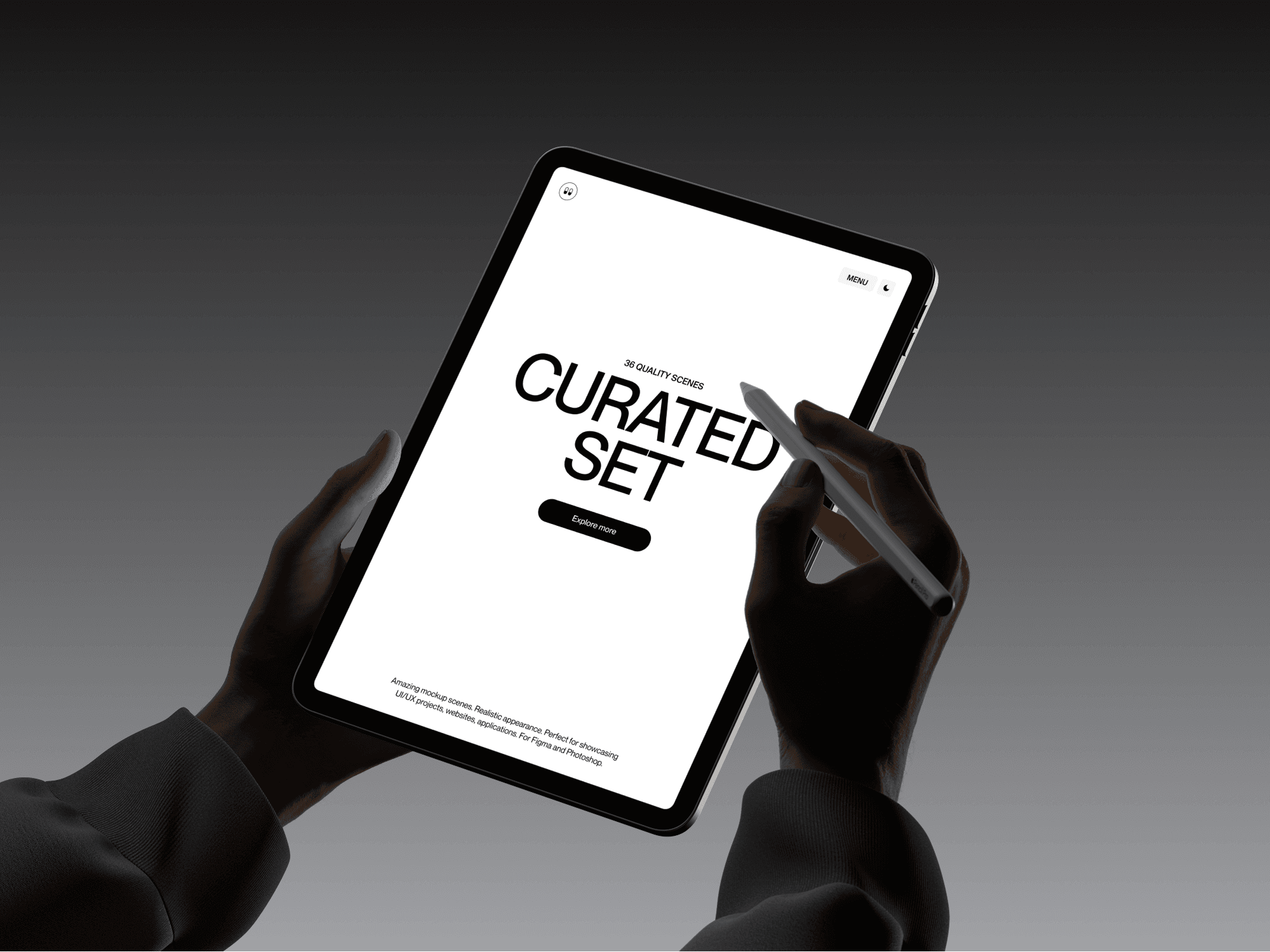 Hand holding an iPad with stylus on a clean dark background