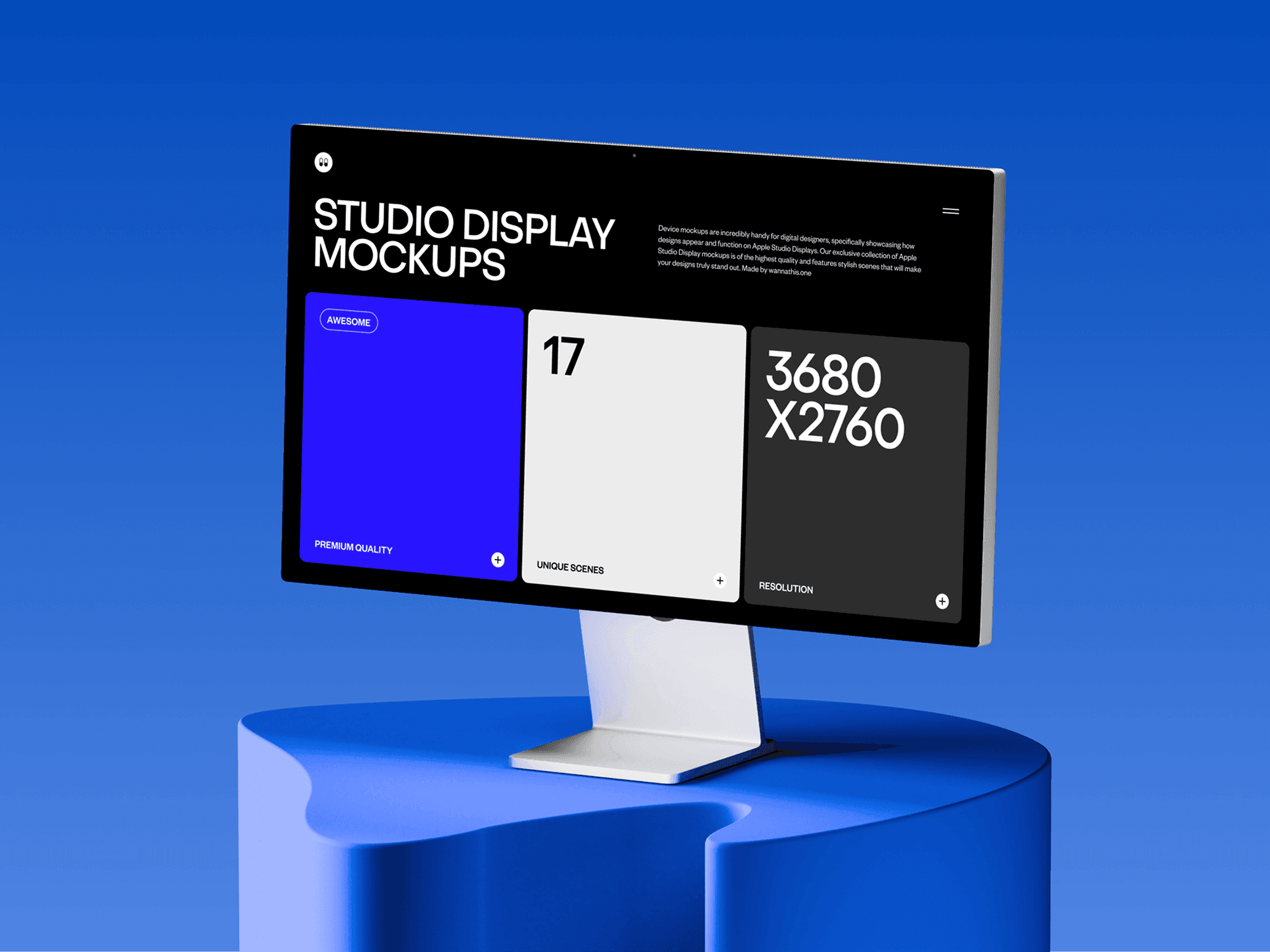 Studio Display mockup on a blue sculptural surface