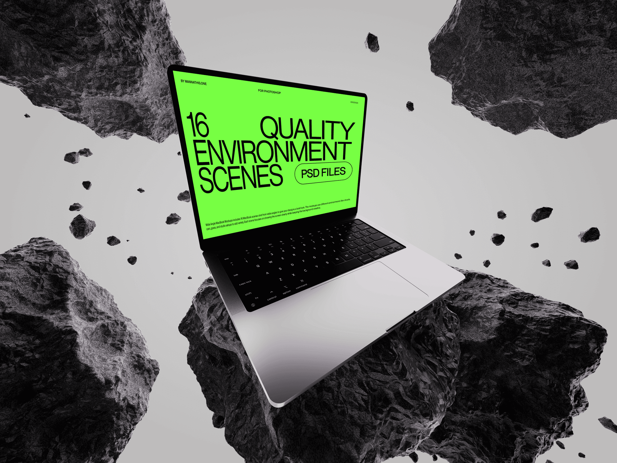 MacBook mockup in asteroid field with green environment scenes UI