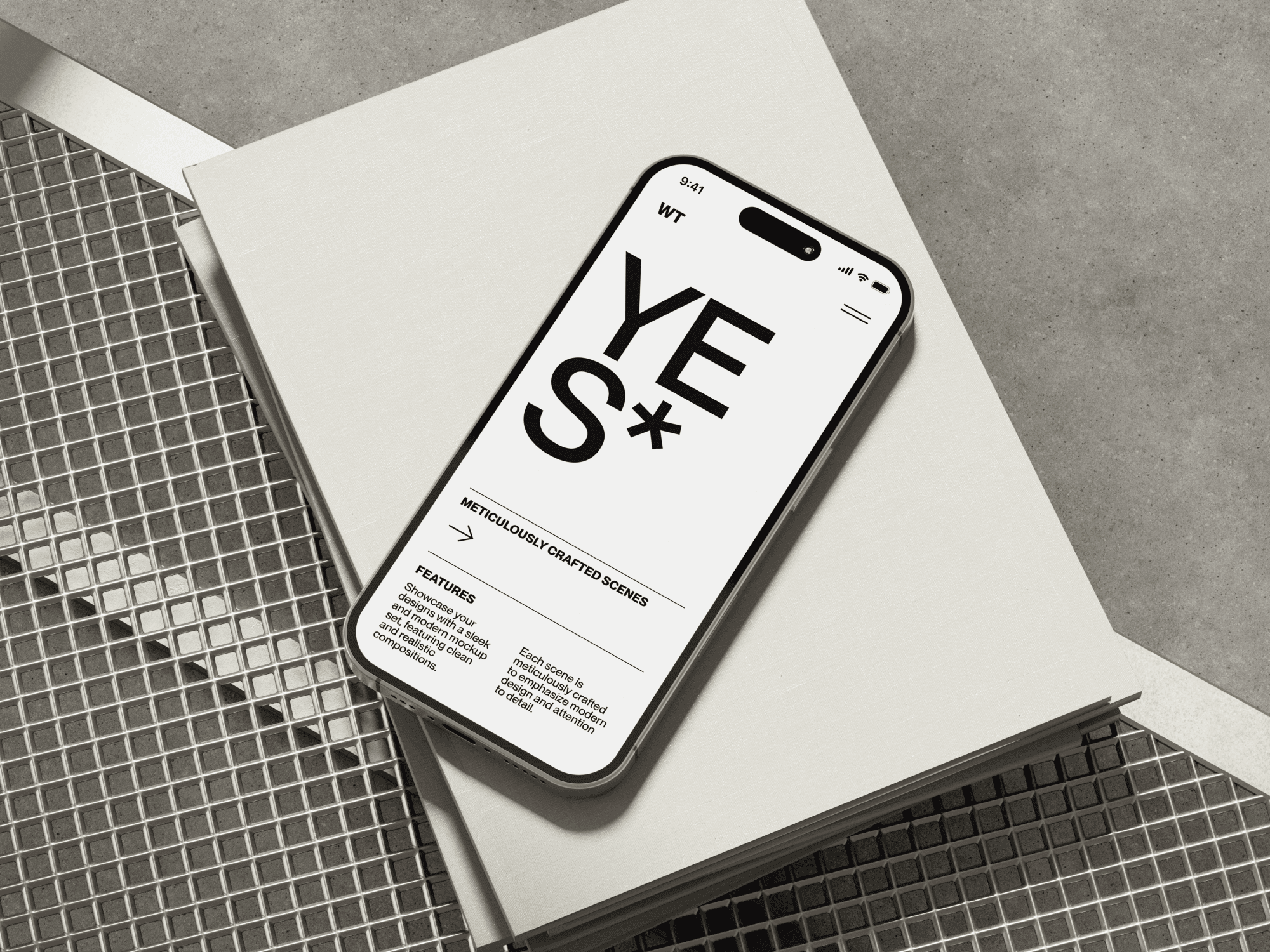 iPhone 16 mockup on a geometric metallic surface with books.