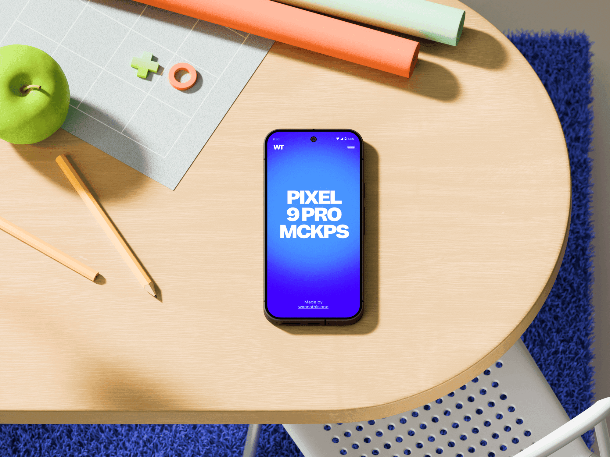 Google Pixel 9 Pro mockup on a round wooden table with accessories.