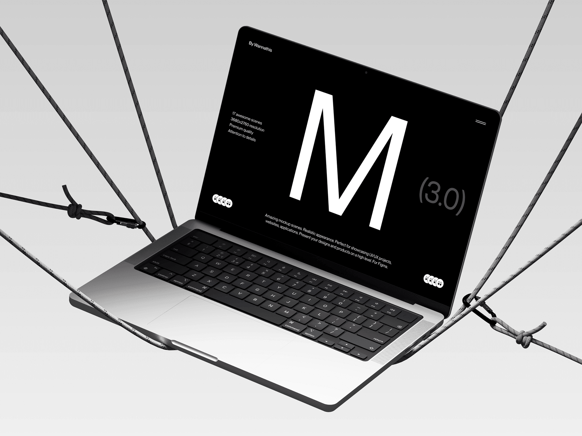 MacBook Pro mockup suspended in mid-air with climbing ropes