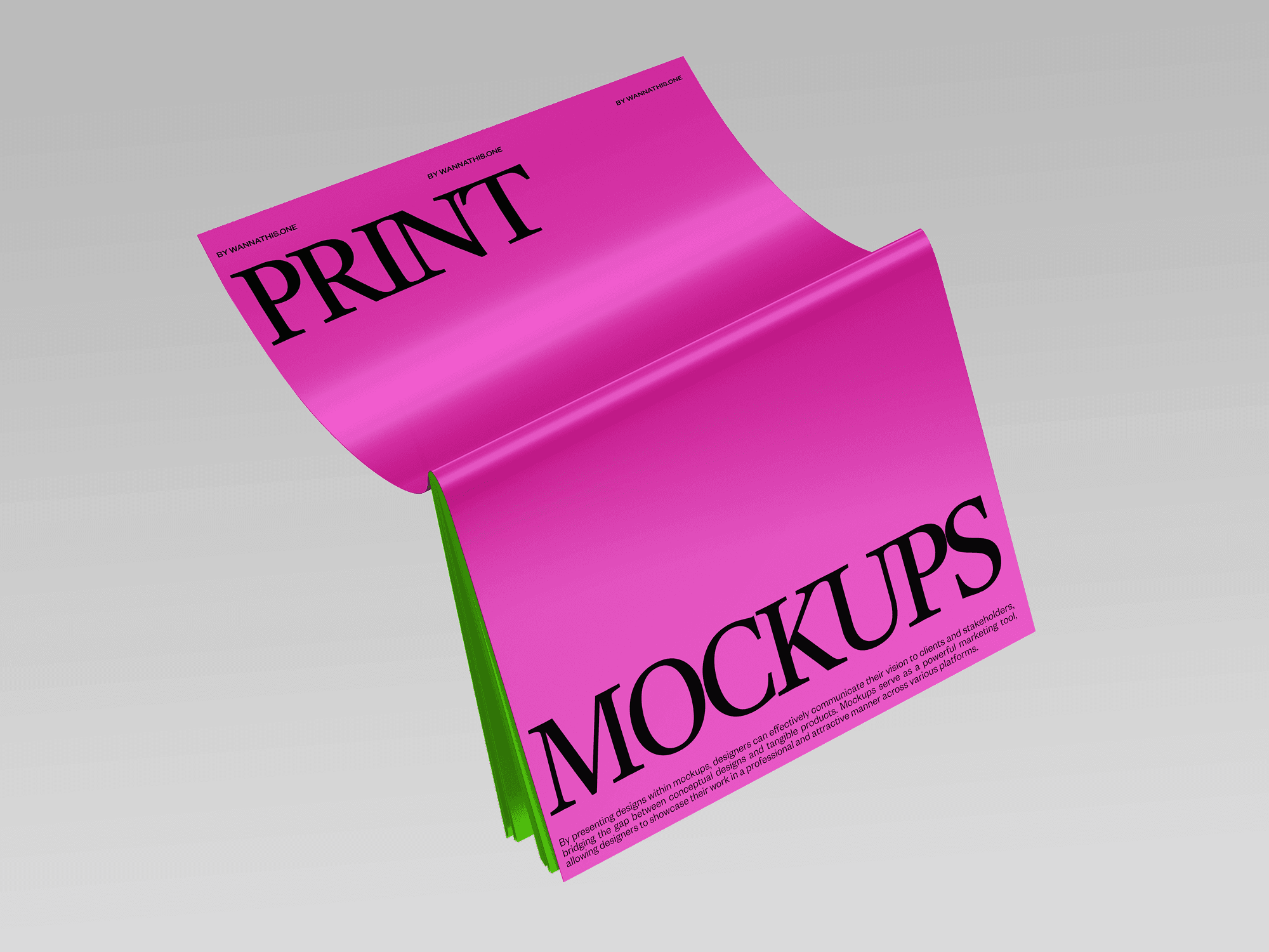 An open book mockup with a pink and green cover, floating in a neutral gradient background