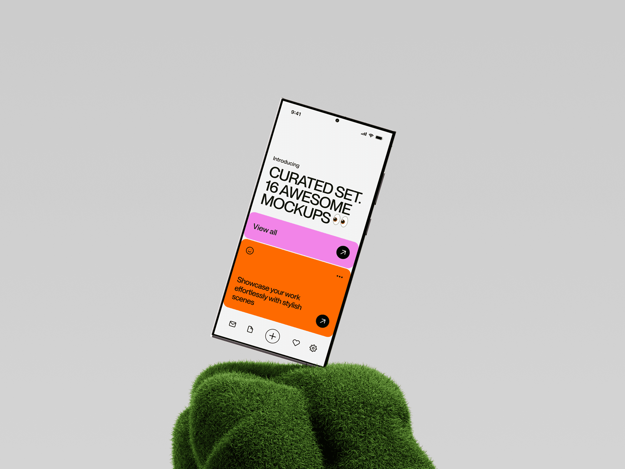 Galaxy S24 mockup balanced on a moss-covered hand sculpture.