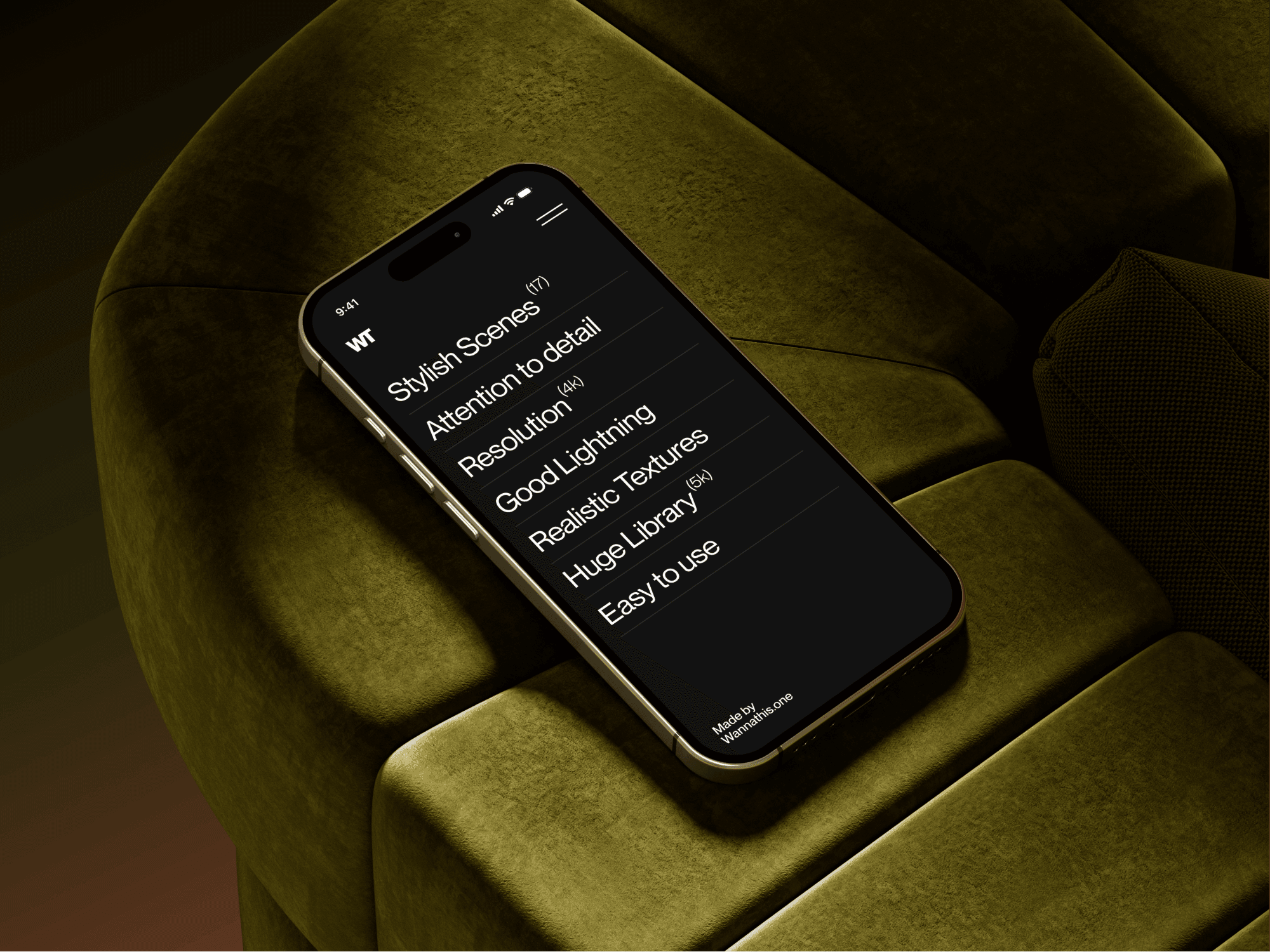 iPhone 16 mockup displaying a sleek menu on a dark green chair.