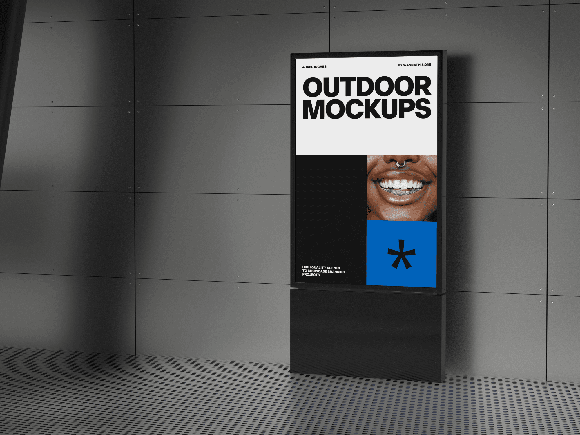 Outdoor billboard mockup with a blue accent block