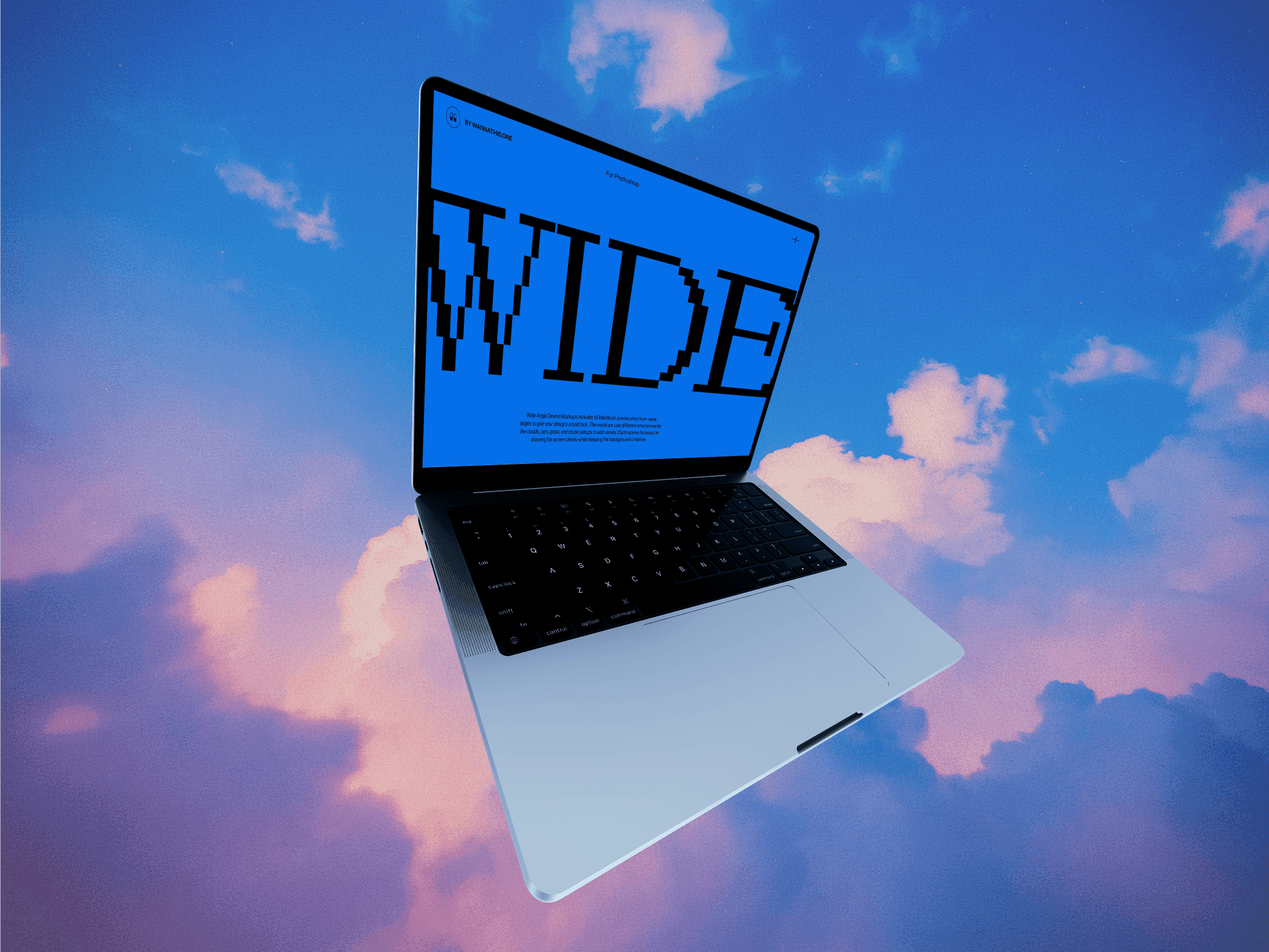 MacBook mockup floating in pink-blue sky with WIDE text