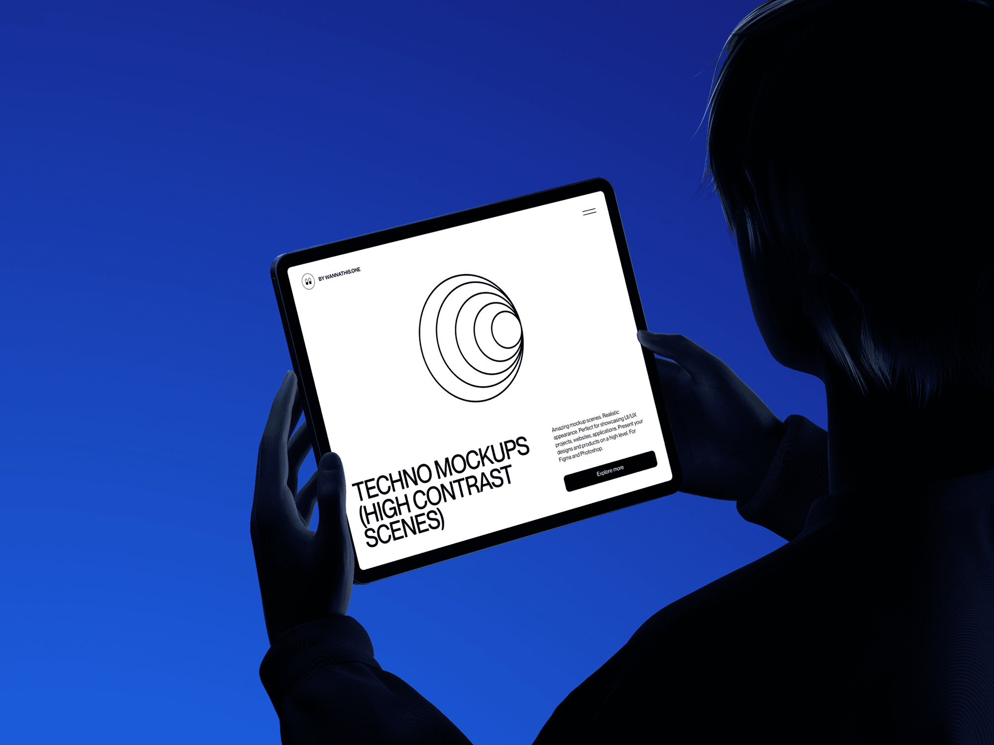 A person holding a tablet mockup against a deep blue background in a modern digital setup.