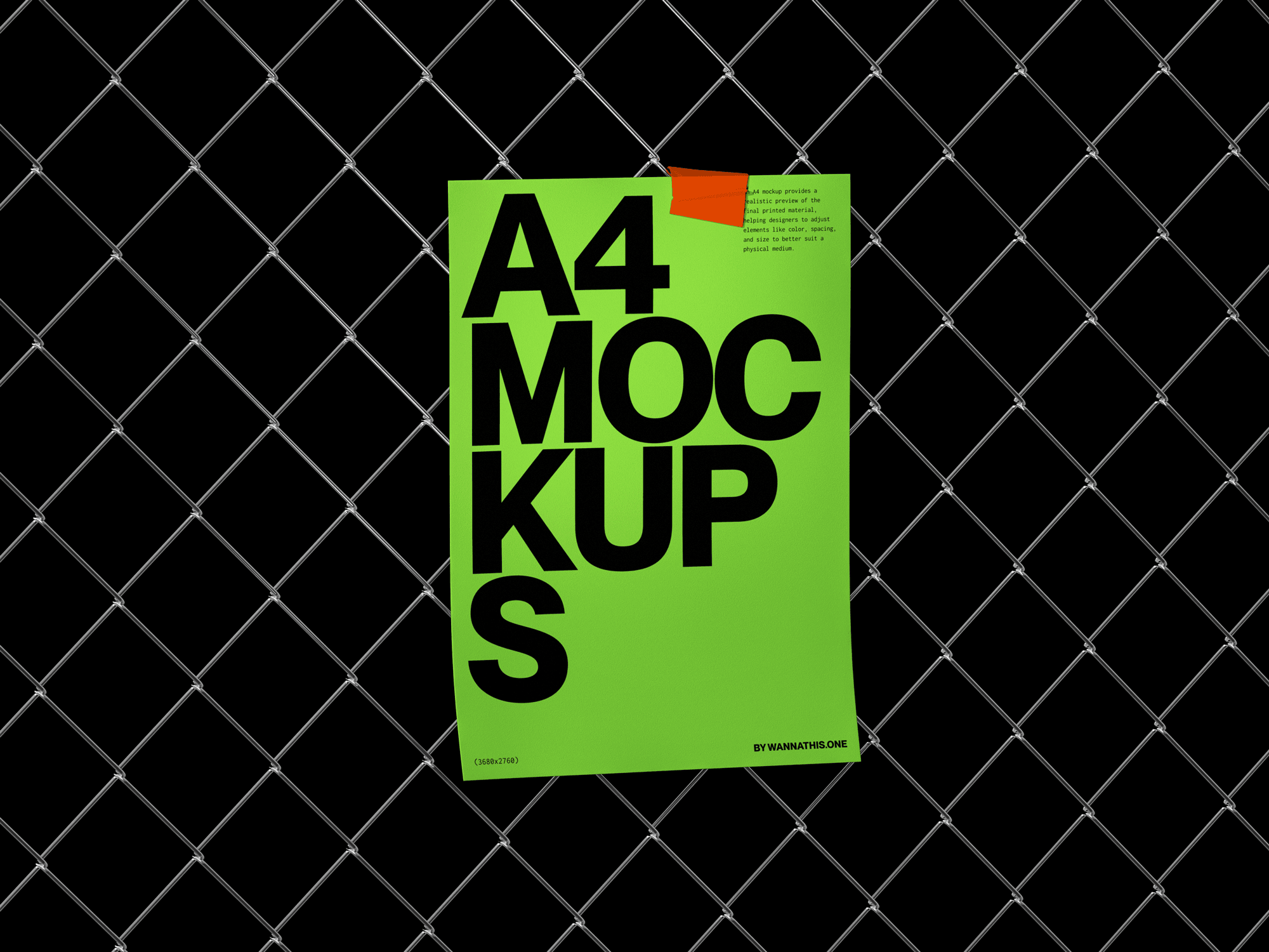 A neon green A4 poster mockup taped to a metallic chain-link fence, bold typography standing out.