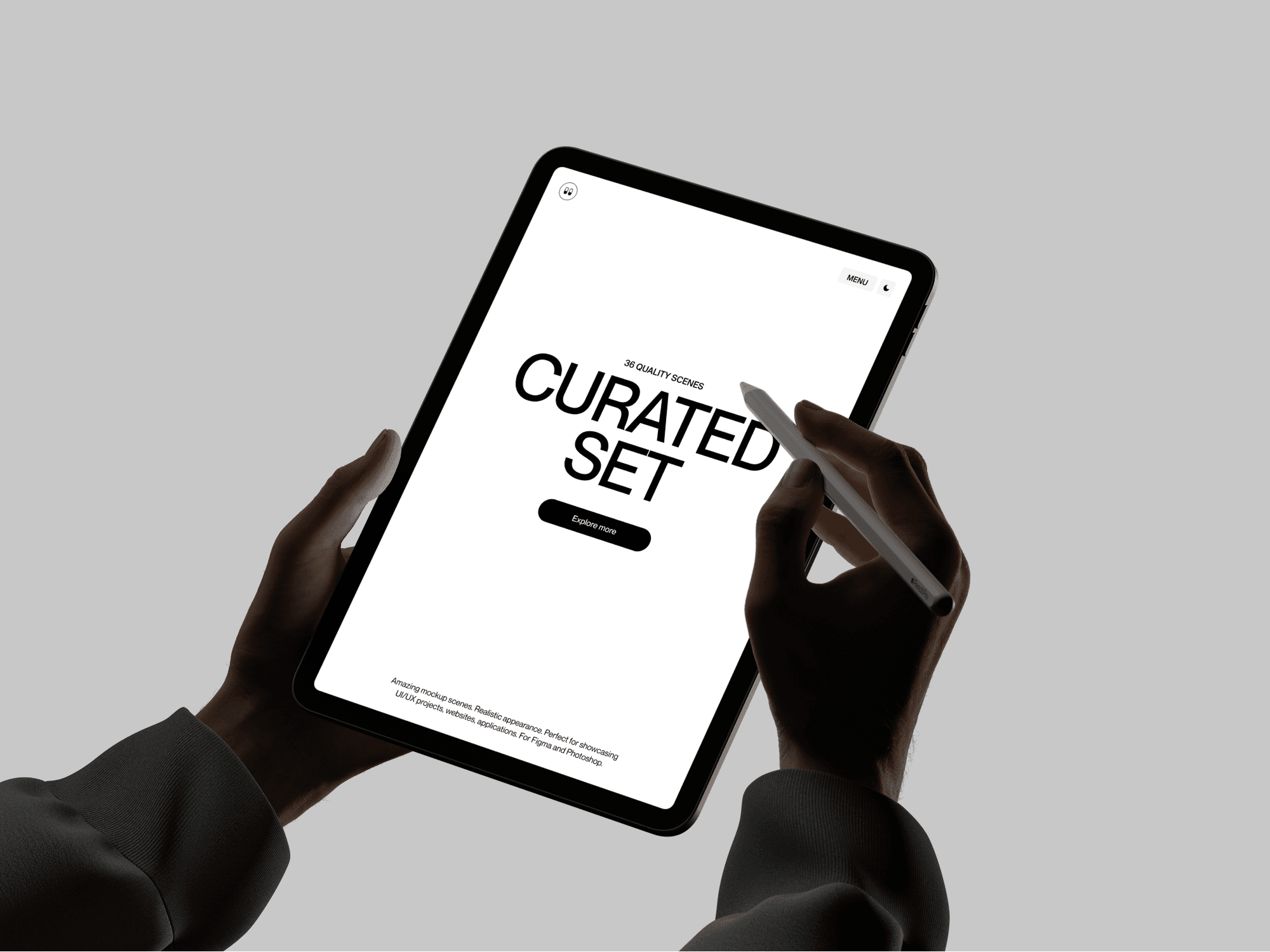 Hand holding an iPad with stylus on a clean light background
