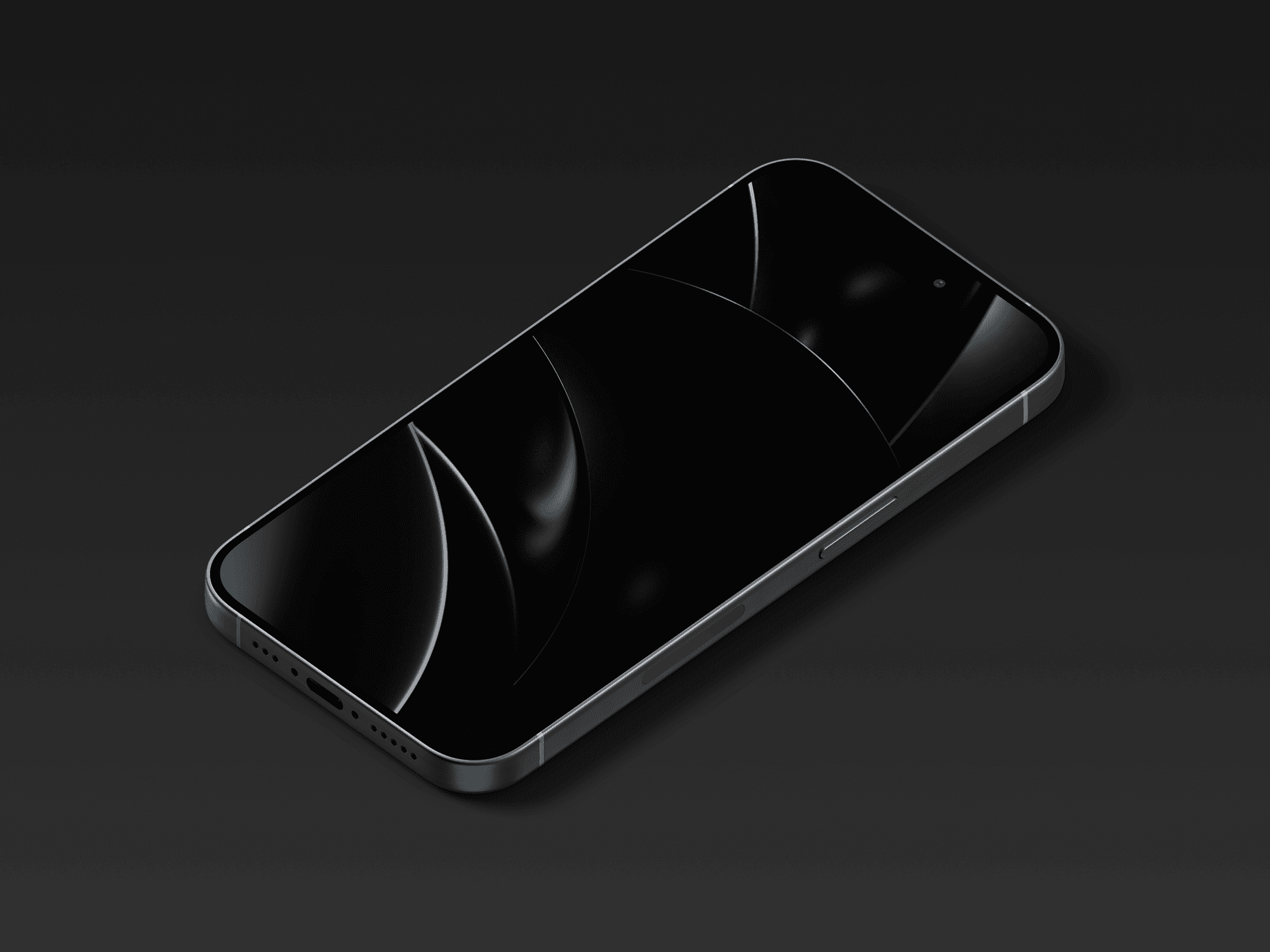 Diagonal flat lay of iPhone 15 Pro in black with dark abstract wallpaper