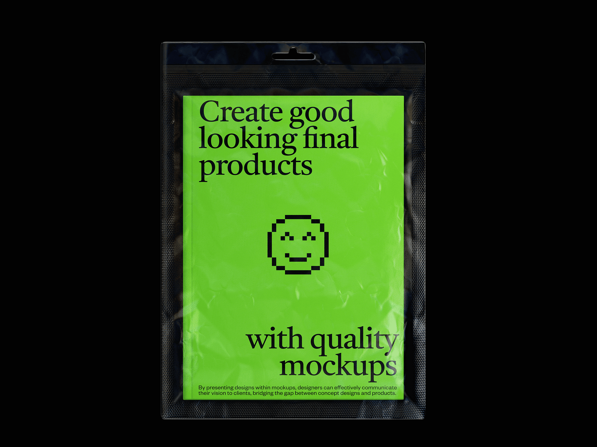 A neon green book mockup packaged inside a black resealable plastic bag