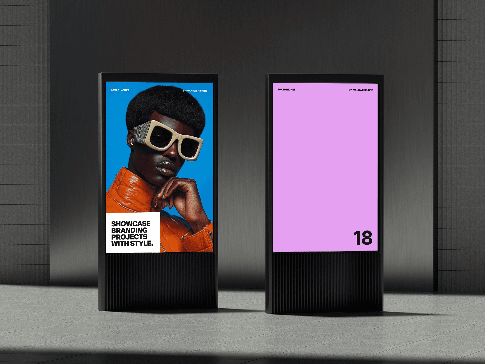 Two vertical digital advertising displays mockup in an urban setting