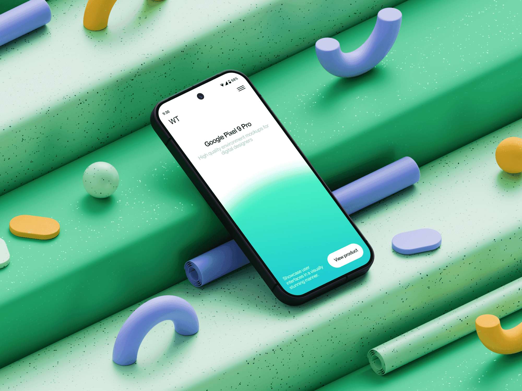 Pixel 9 Pro mockup leaning on textured green surfaces with playful elements.