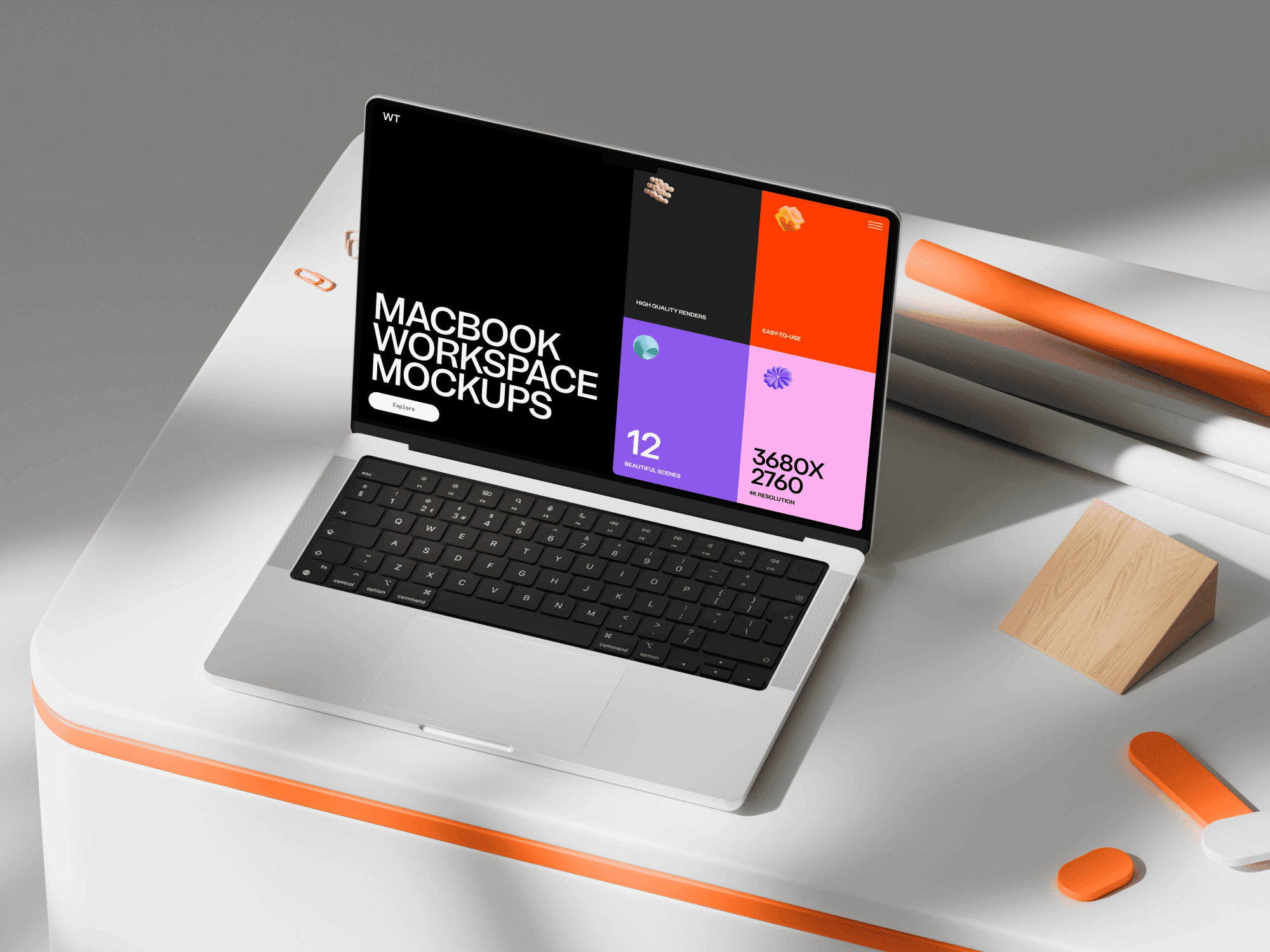 Workspace MacBook Pro mockup on a modern white desk