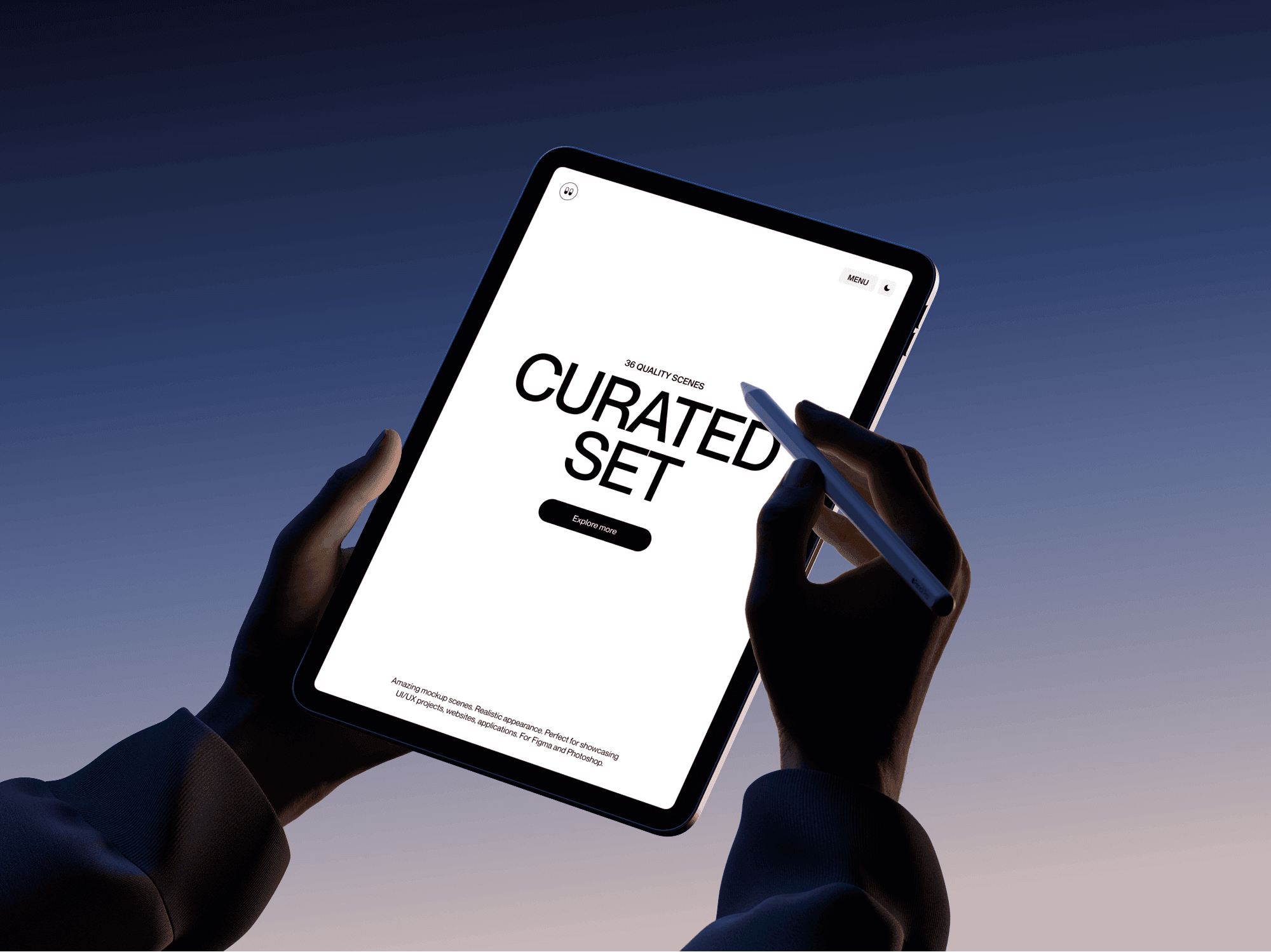 Hand holding an iPad with stylus on a clean color background