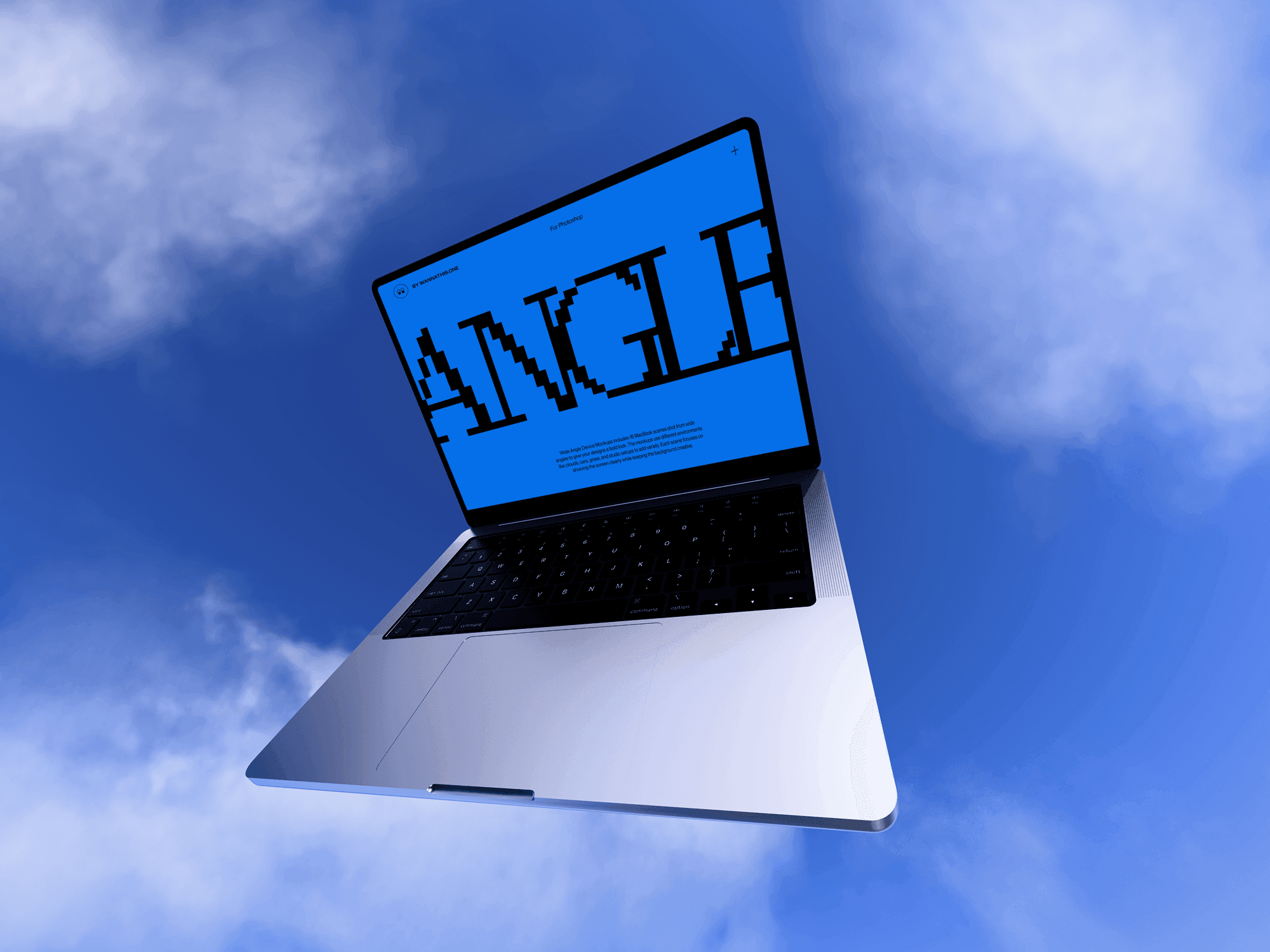 MacBook mockup floating in a blue sky with ANGLE text on screen