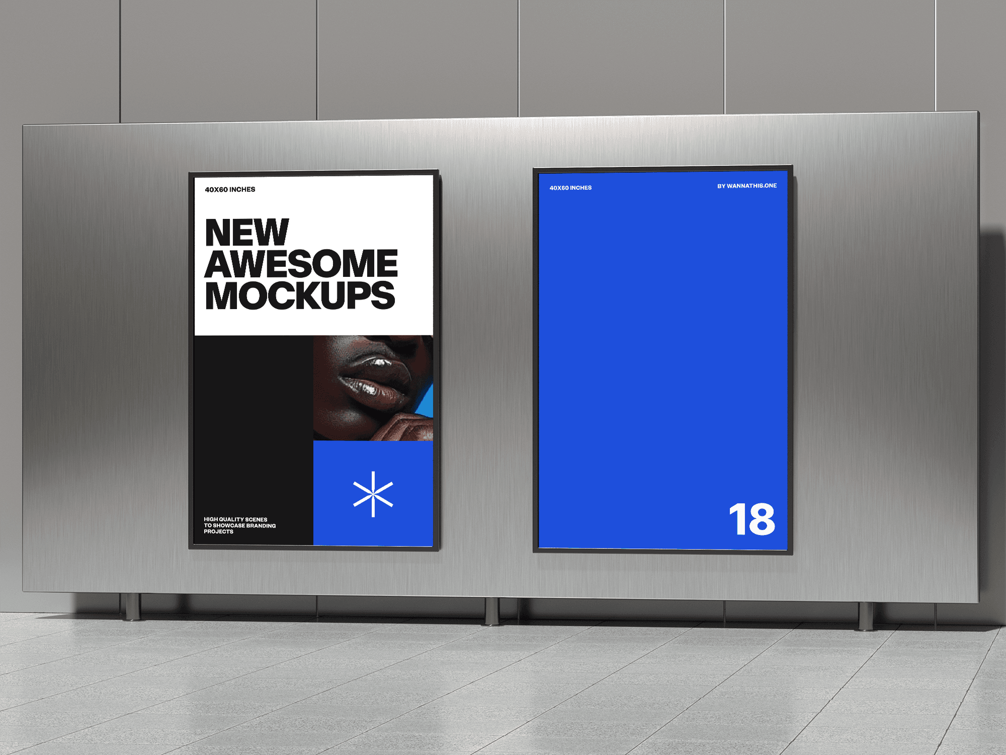 Metallic billboard mockup in a public transport hub