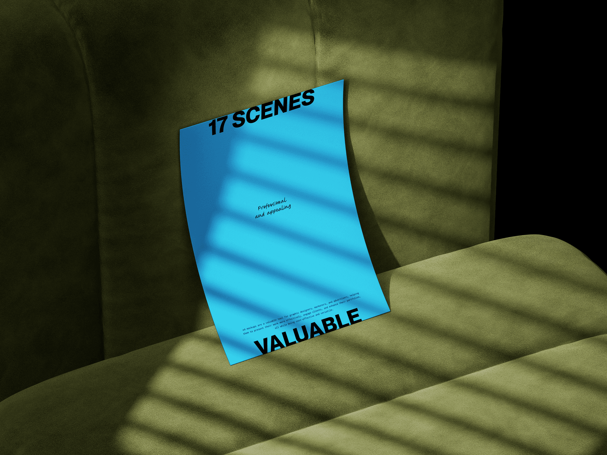 A blue A4 paper mockup resting on a green fabric couch, with dramatic shadow effects.