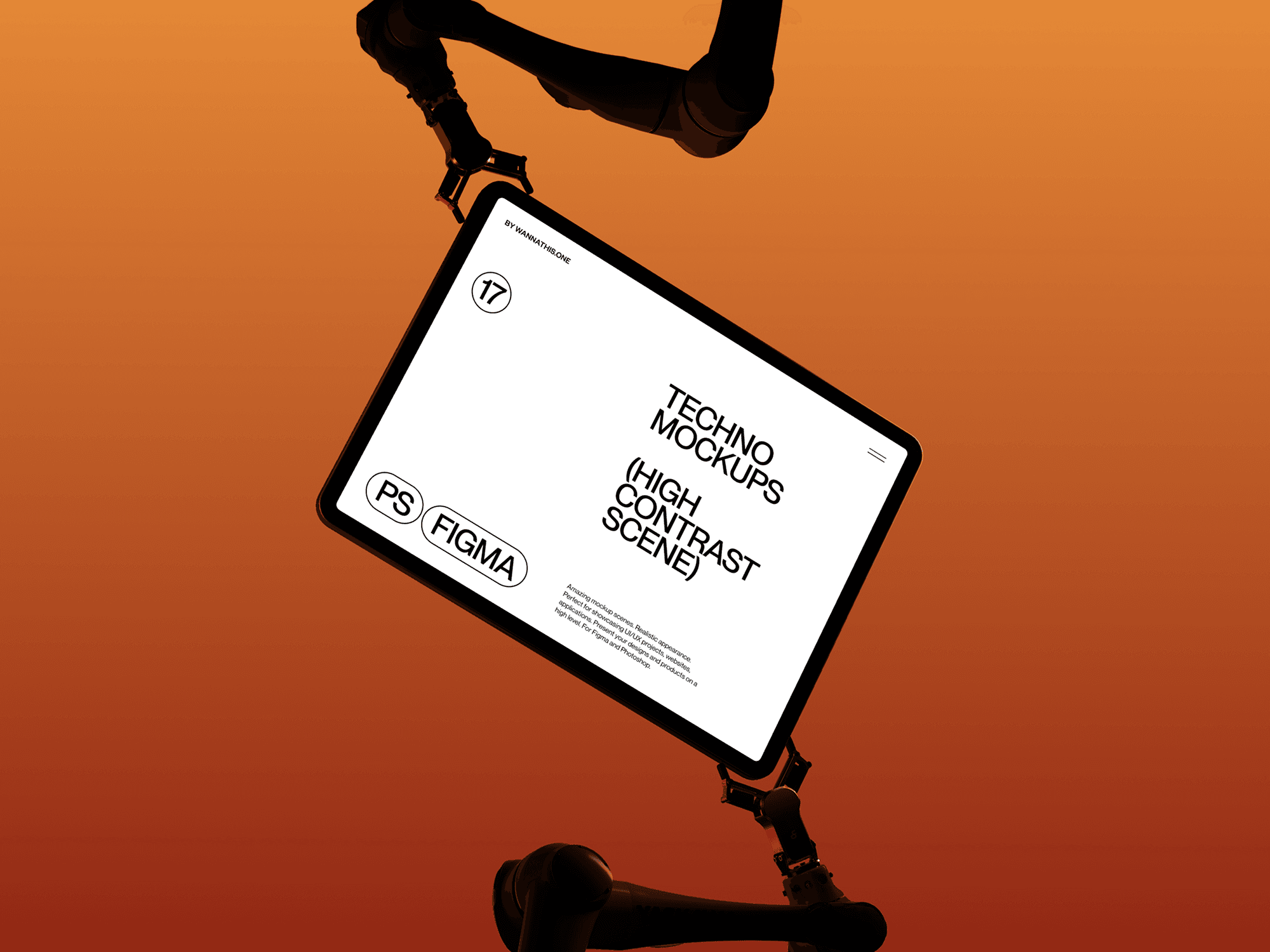 A tablet mockup held by robotic arms against an orange background in a futuristic scene.