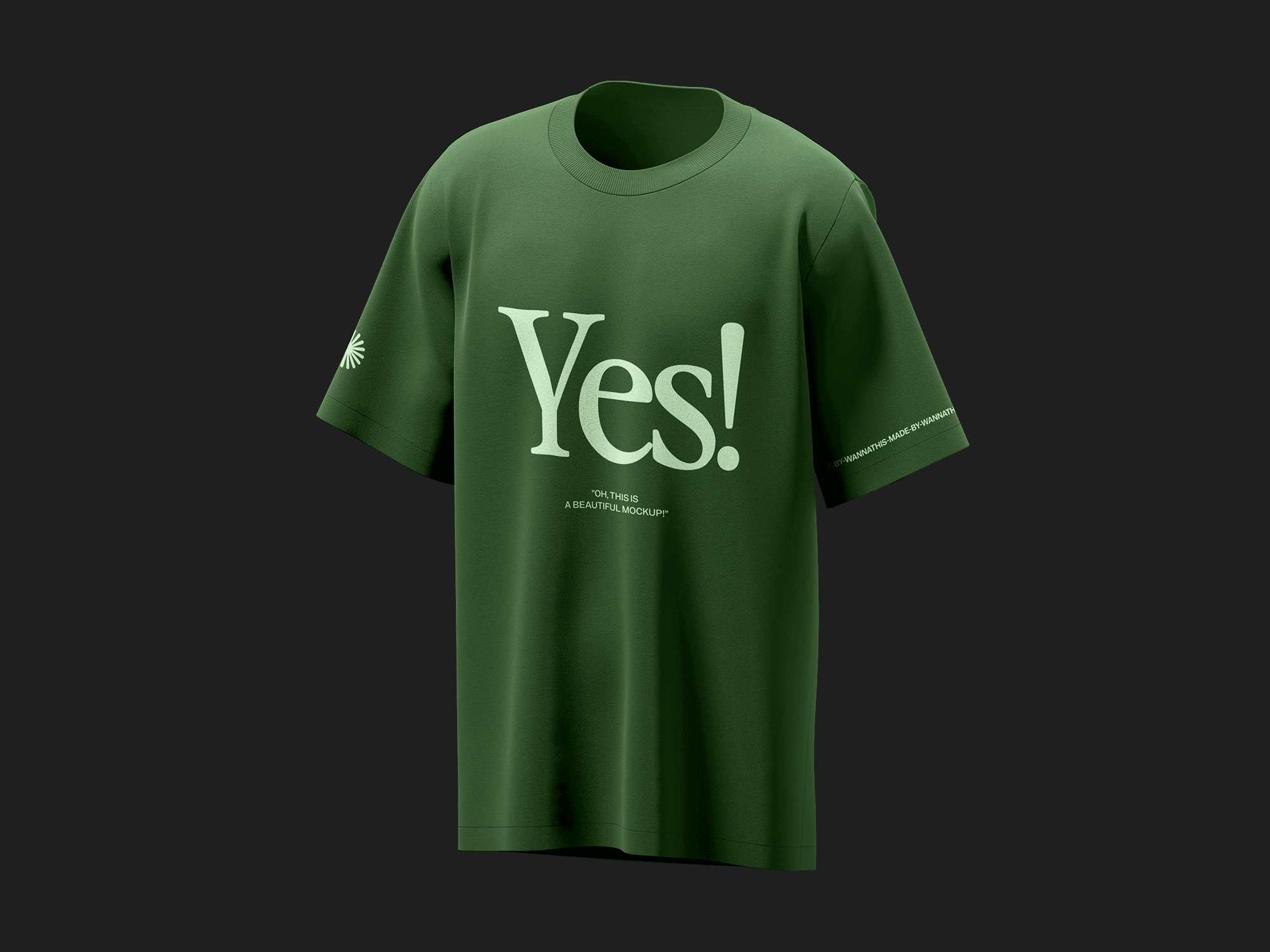 A dark green t-shirt mockup displayed against a black background.