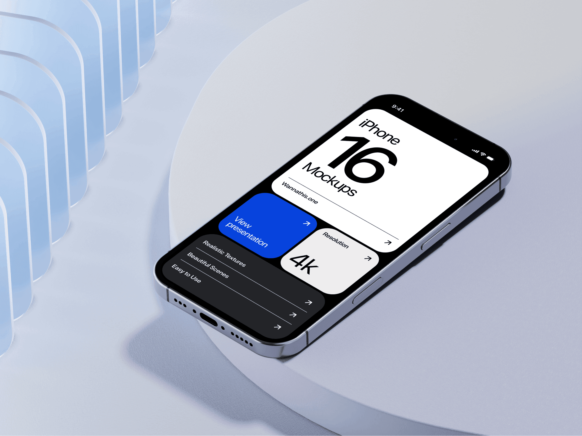 iPhone 16 Pro mockup lying on a smooth rounded platform