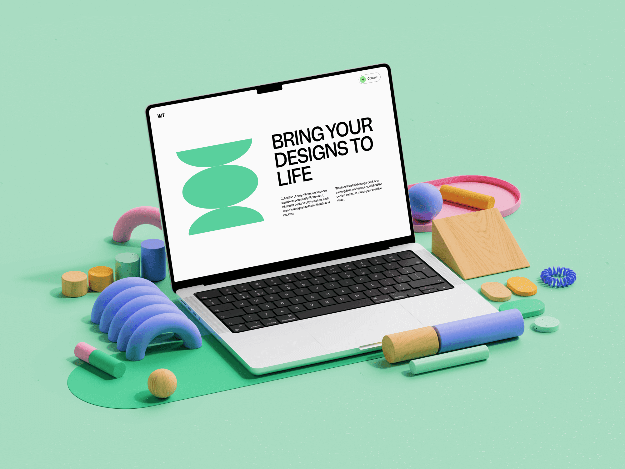 Workspace MacBook Pro mockup with a pastel green background