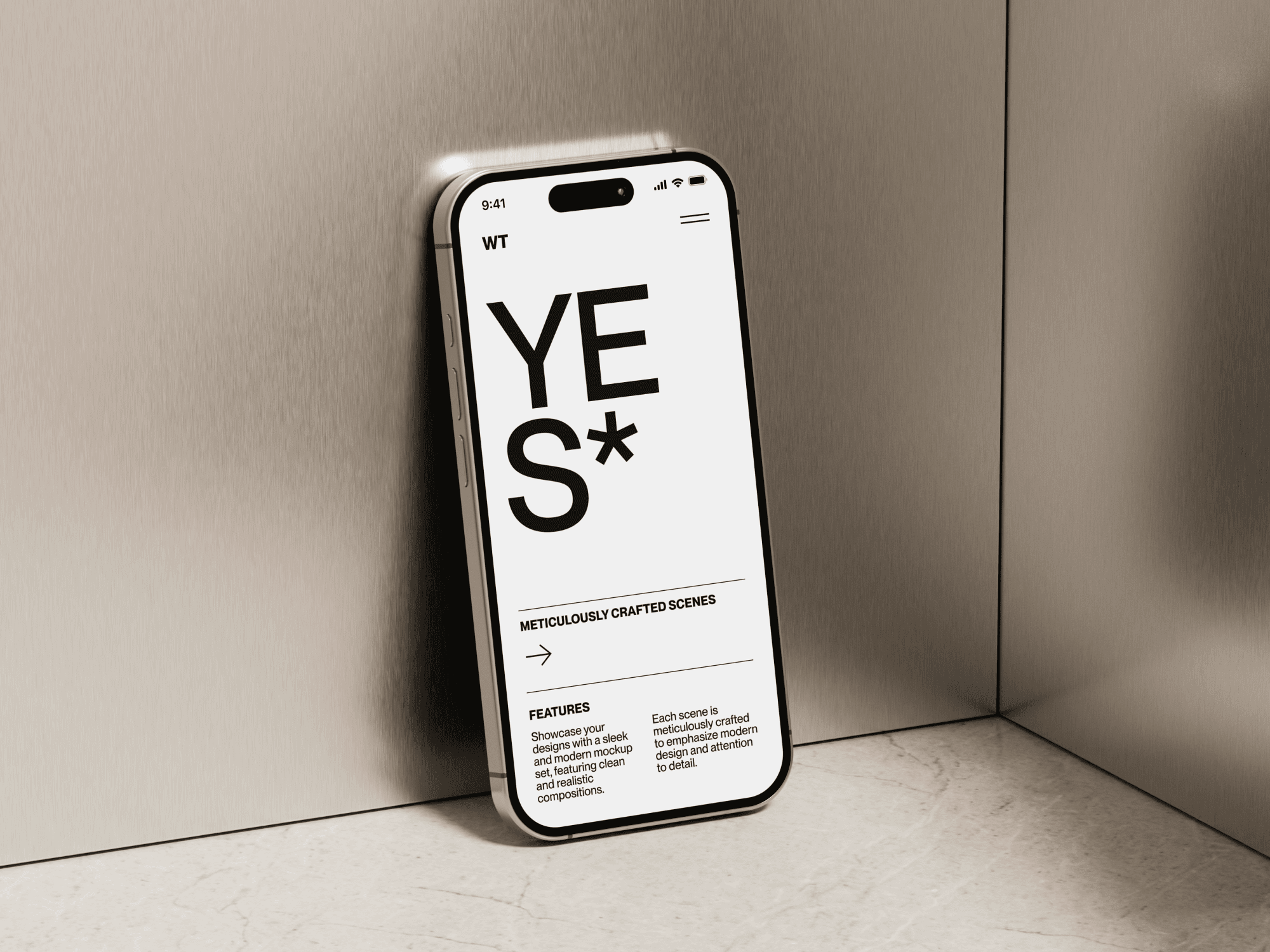 iPhone 16 mockup leaning against a metallic corner.