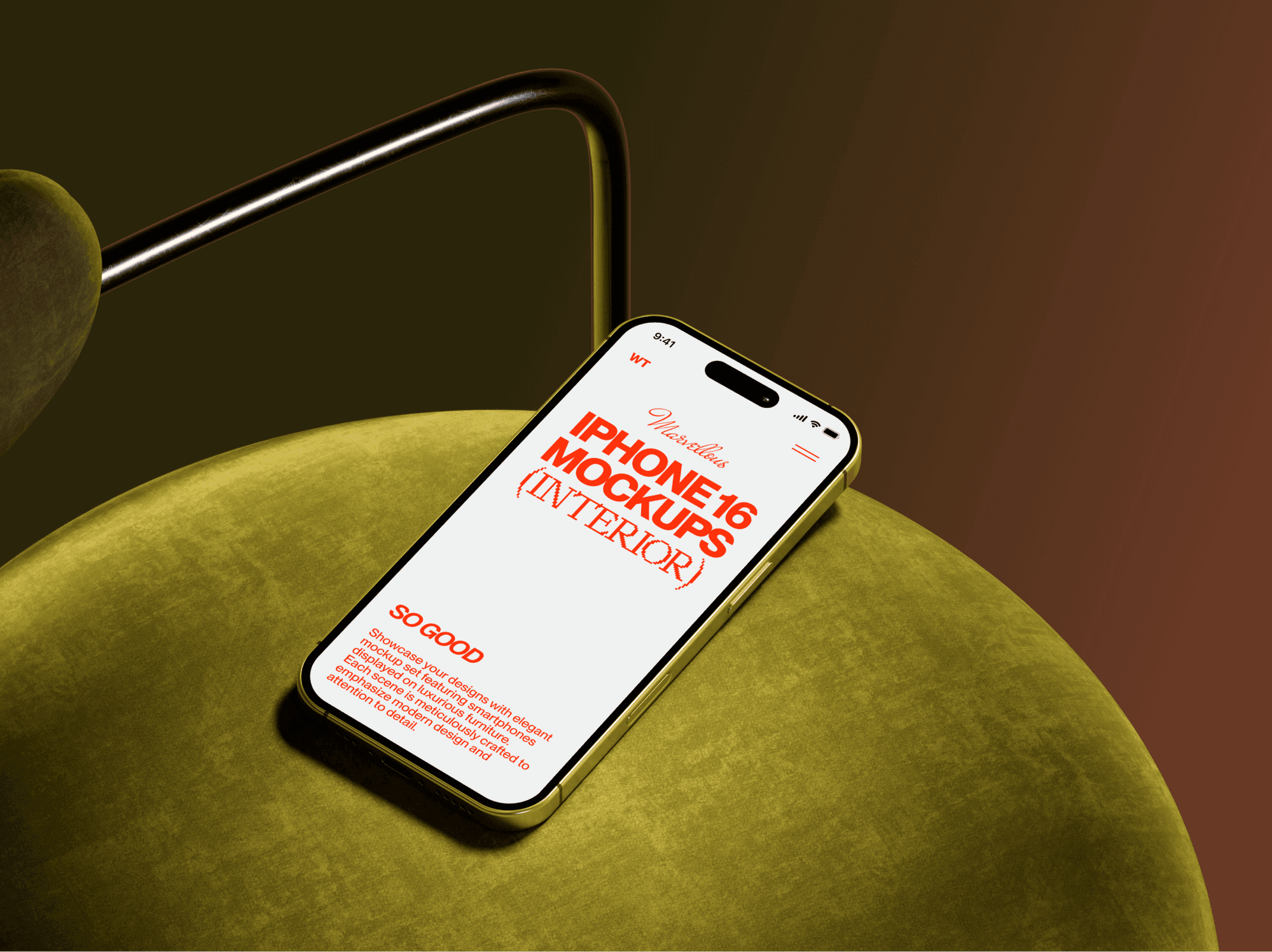 iPhone 16 mockup showcasing a bold design on a curved green chair.