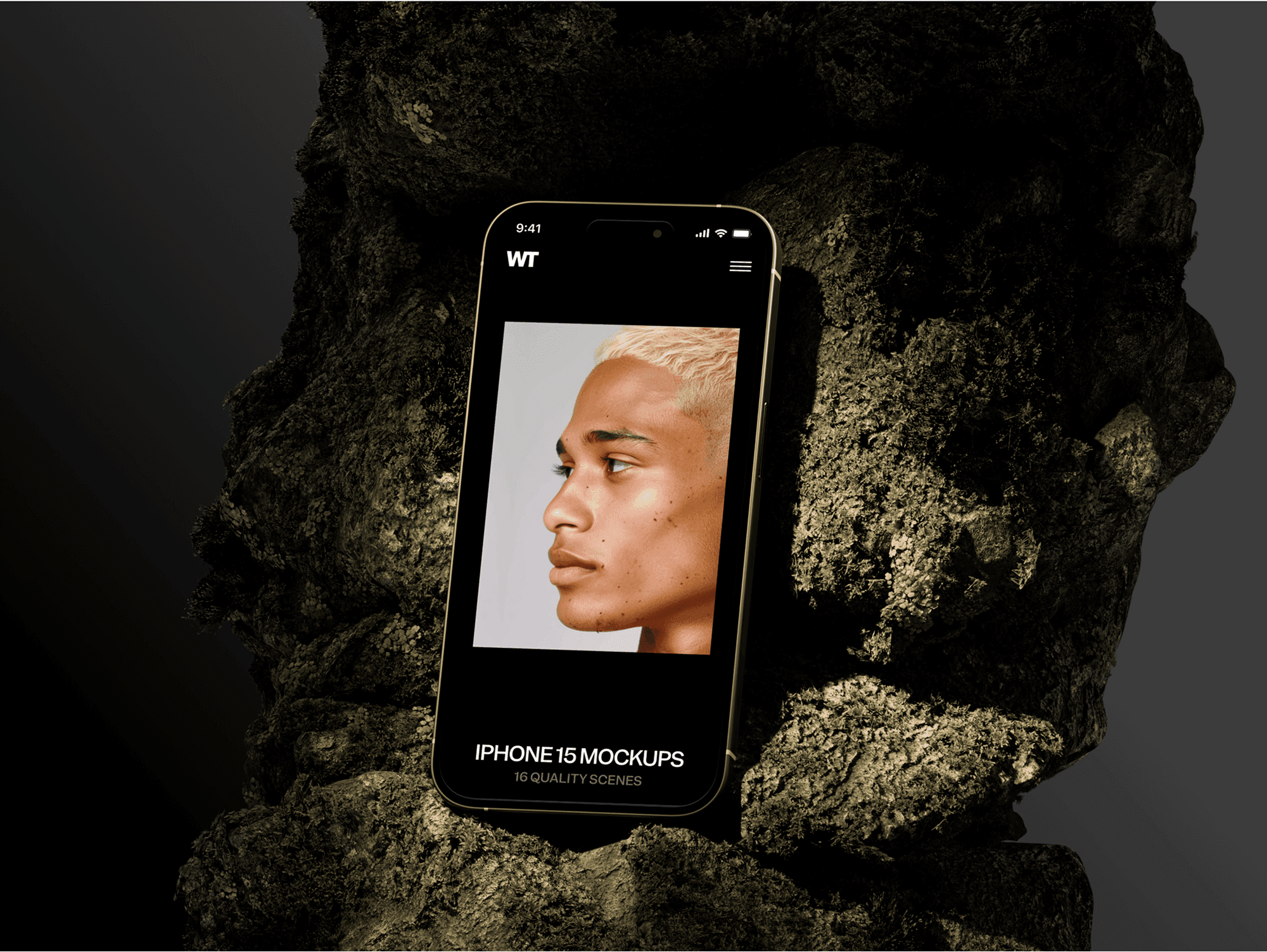 iPhone 15 Pro mockup on textured stone
