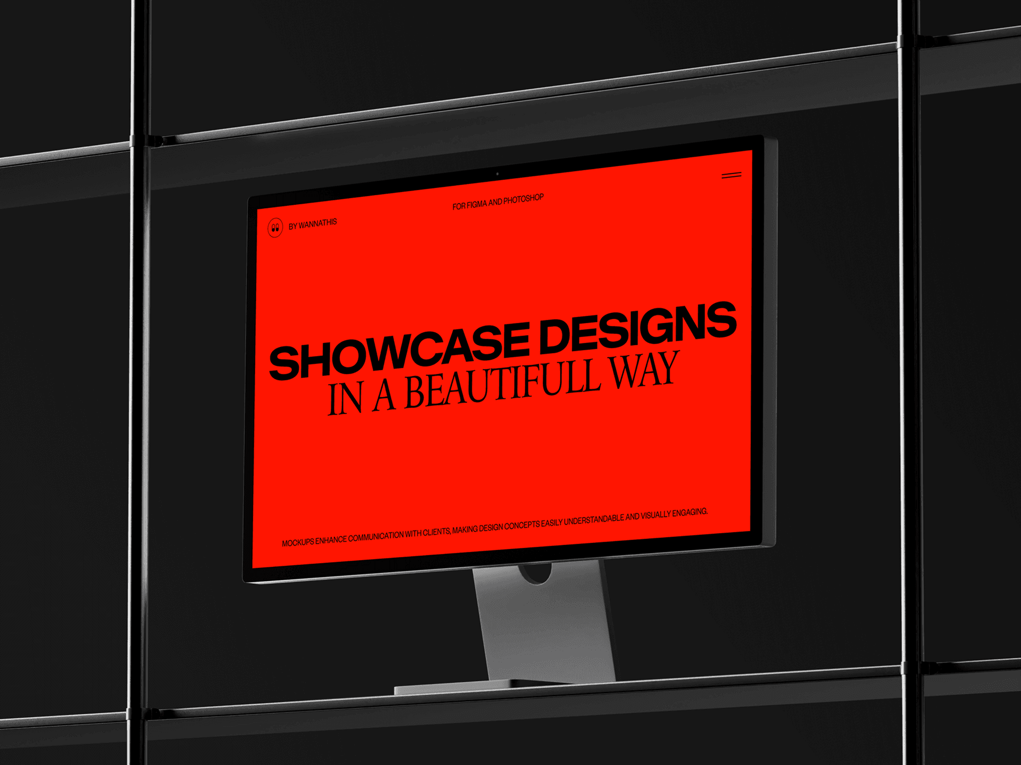 Studio Display mockup in front of a black grid structure