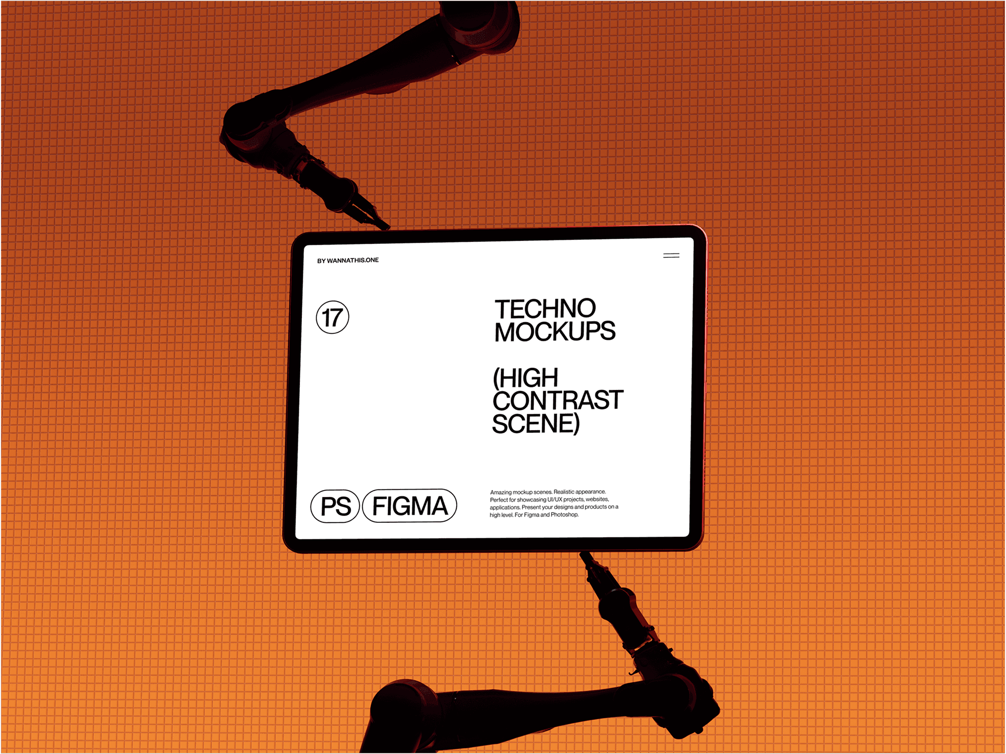 A floating tablet mockup held by robotic arms, creating a high-tech futuristic aesthetic.