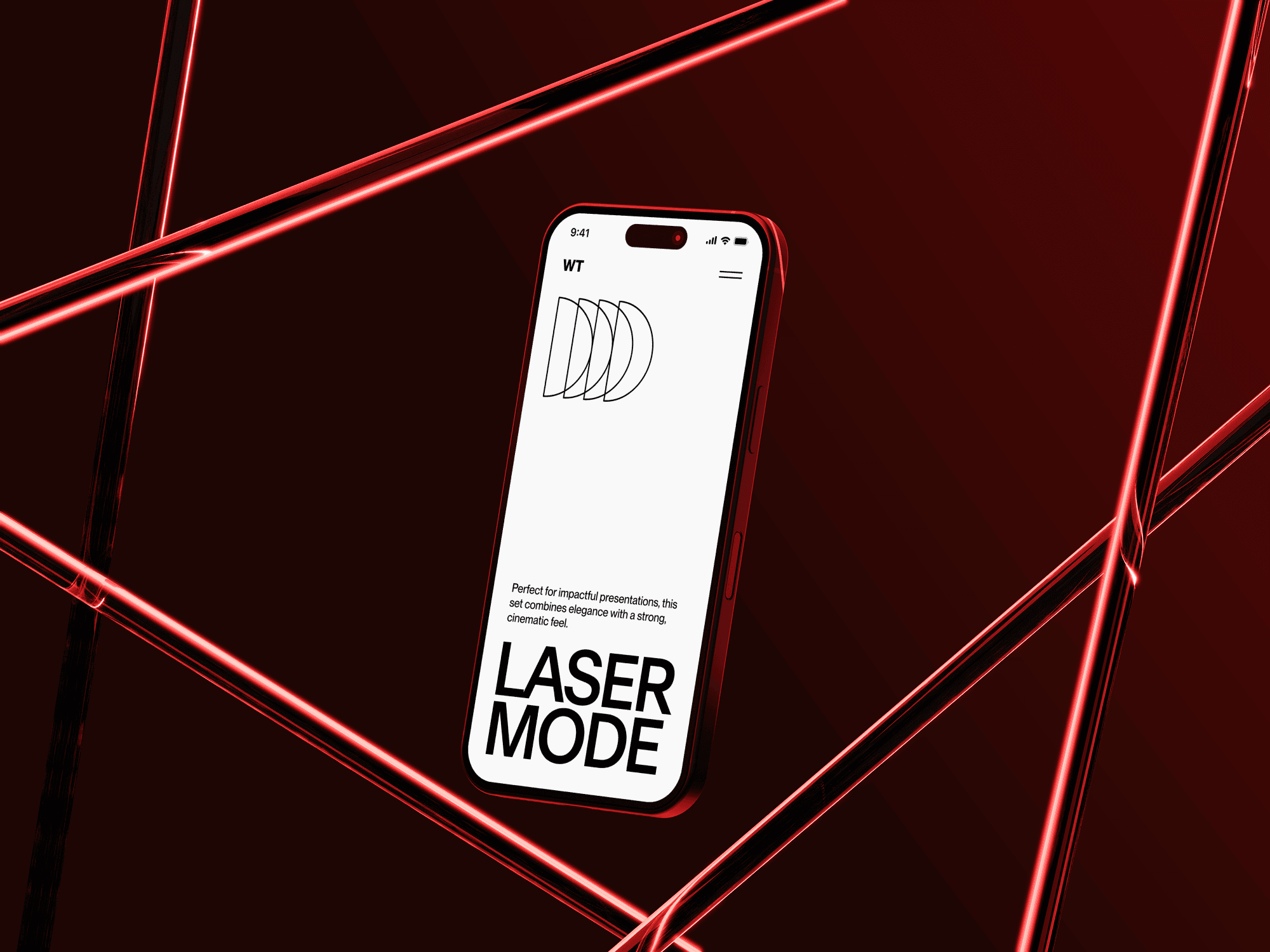 Phone mockup with red lighting and laser reflections in a dark scene