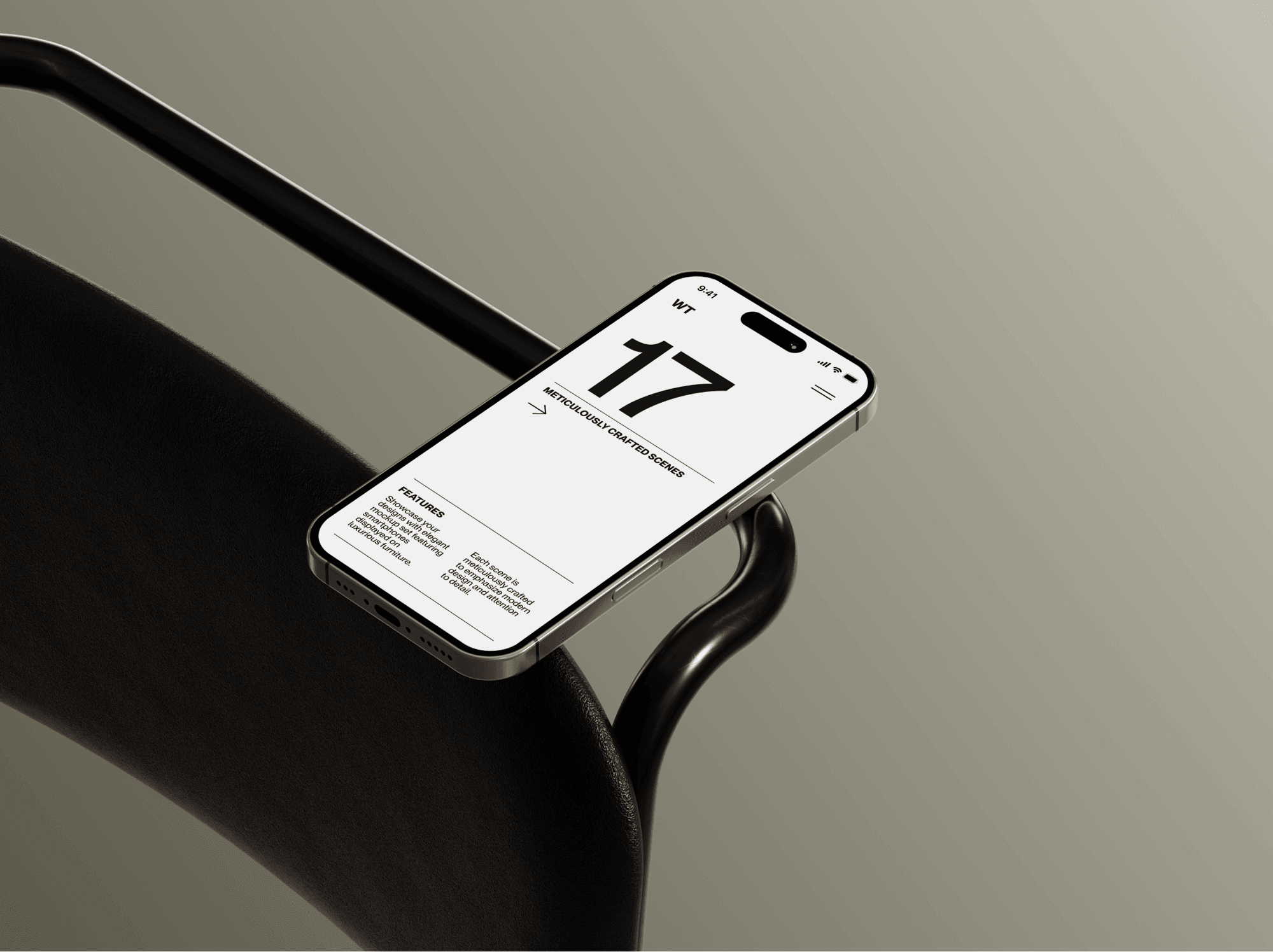 iPhone 16 mockup placed on a modern black chair with a minimalist design.