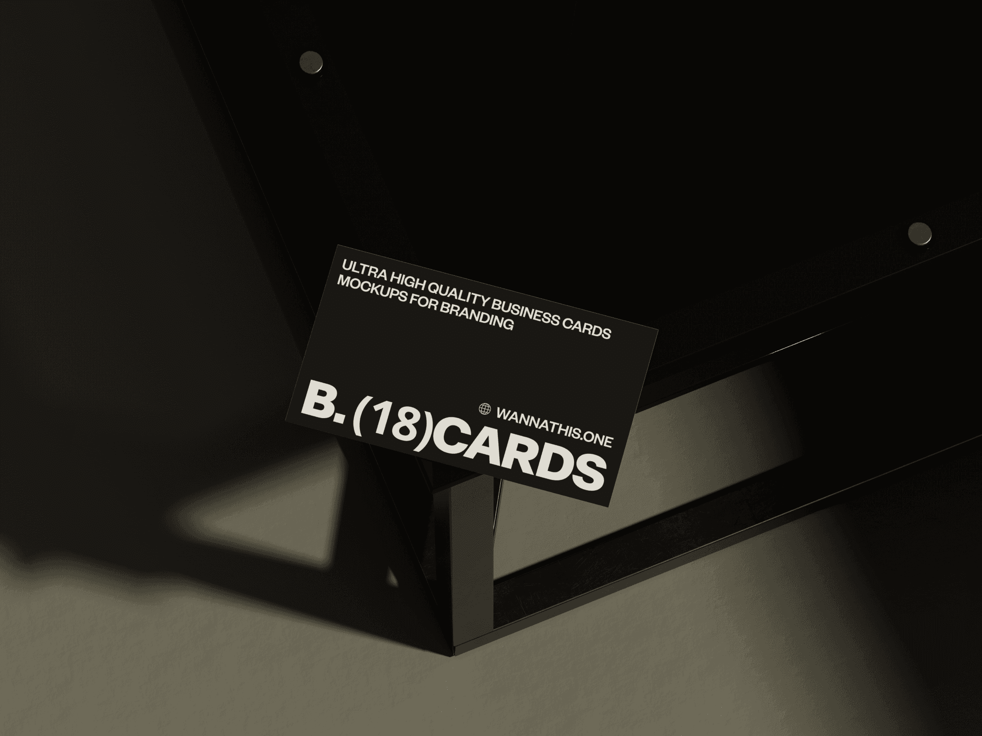 Business card mockup on a black reflective surface with a modern aesthetic.