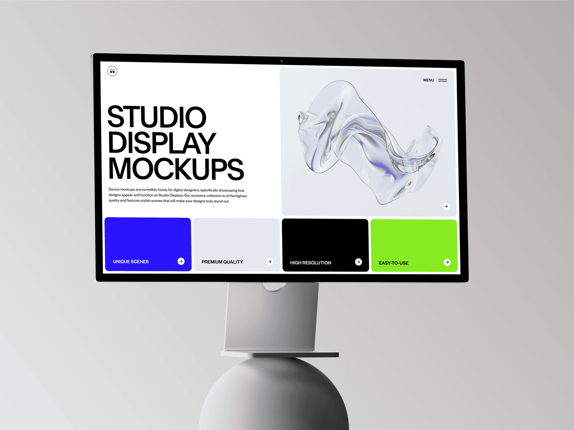 Studio Display mockup on white spherical base