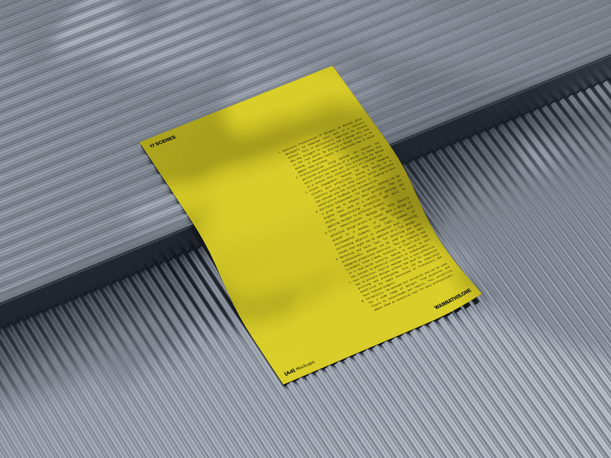 A yellow A4 flyer mockup with dense text layout placed on a metallic ribbed surface.