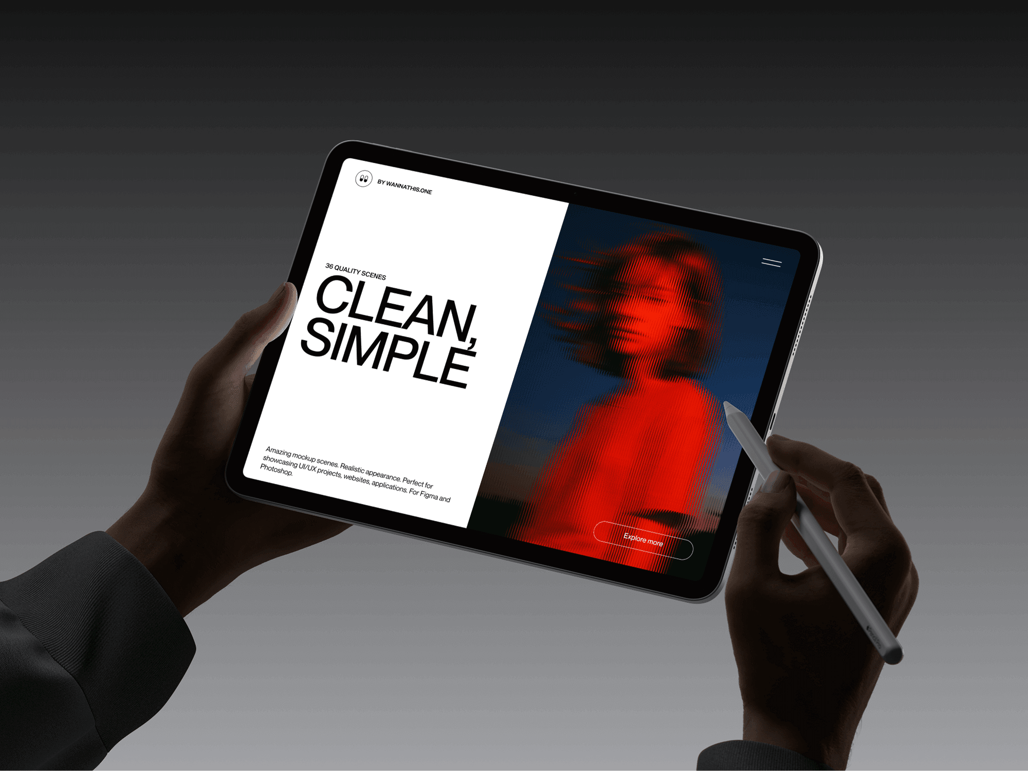 Landscape-oriented iPad held in two hands with stylus against a dark background