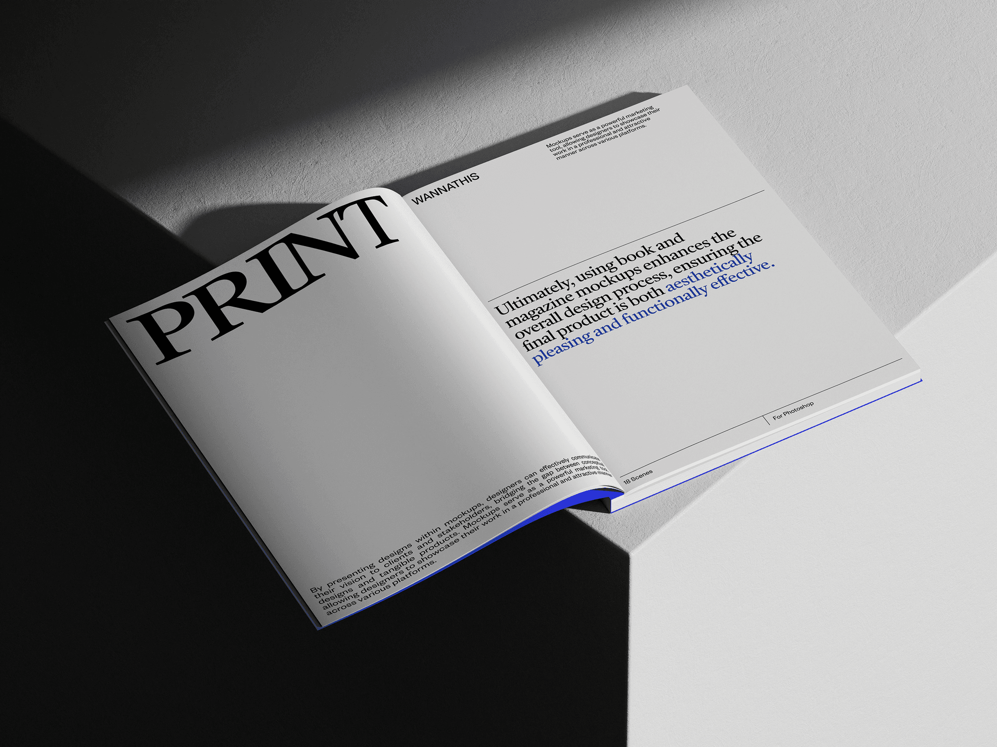 A magazine mockup placed on a light surface with dramatic shadows creating depth