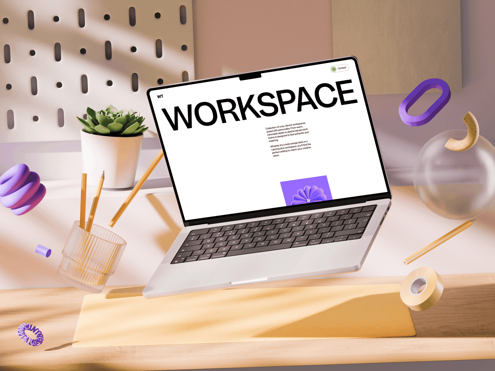 Workspace MacBook Pro mockup in a bright office setup