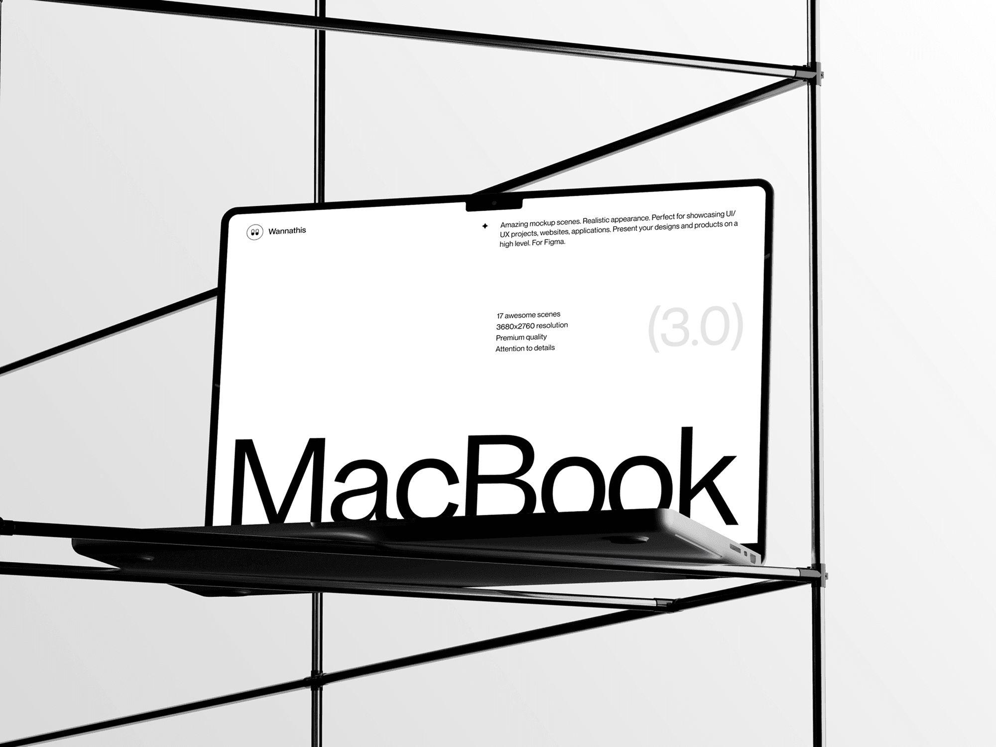 MacBook Pro mockup with minimal white interface on modern metal shelving