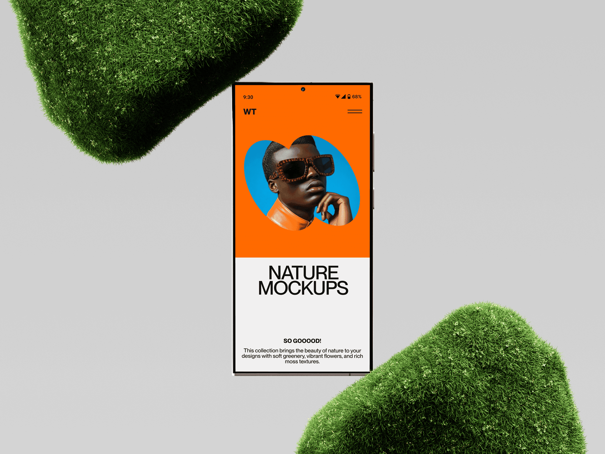 Galaxy S24 mockup between two floating mossy structures.