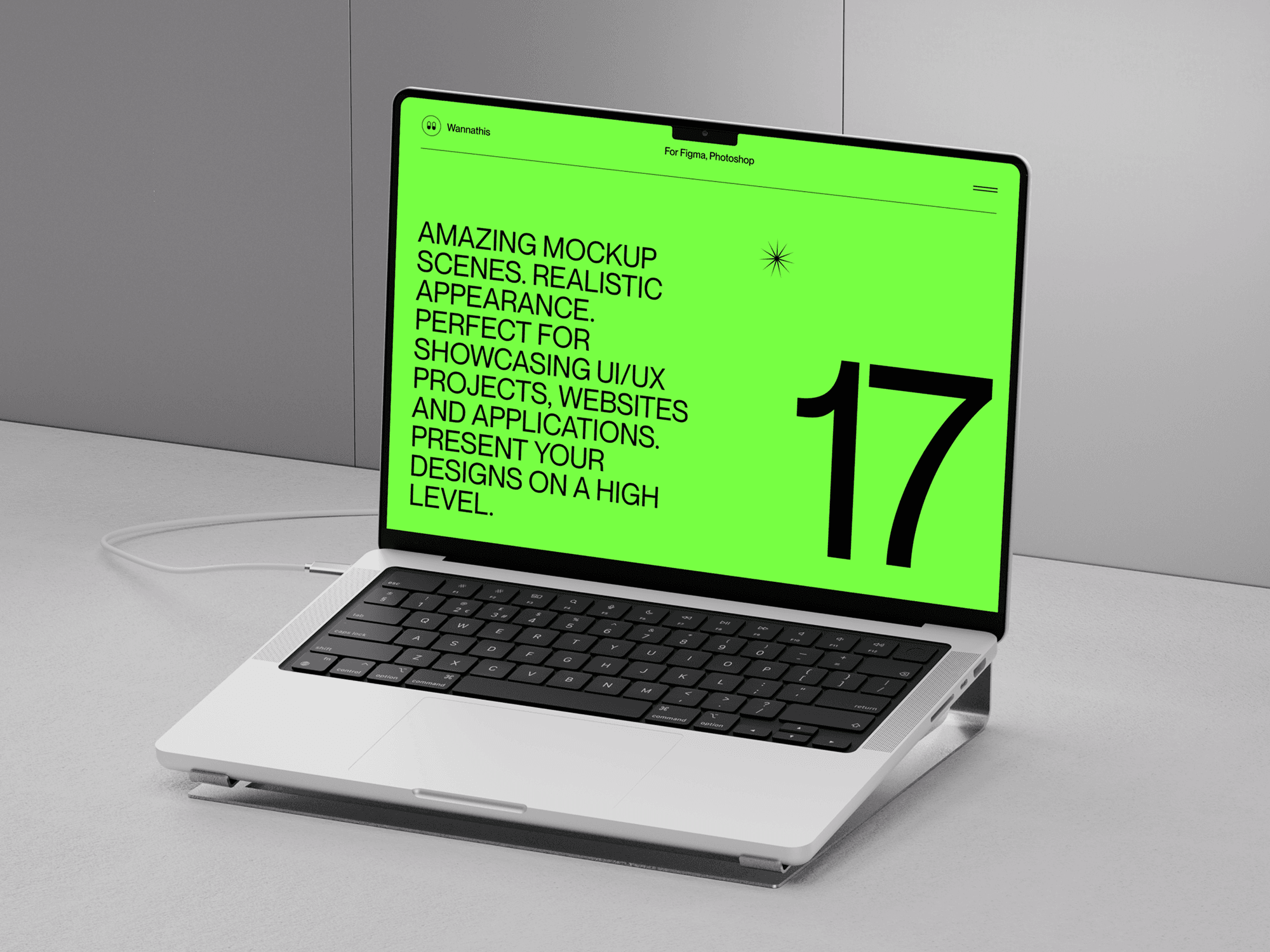 MacBook Pro mockup supported by a sculptural metal stand