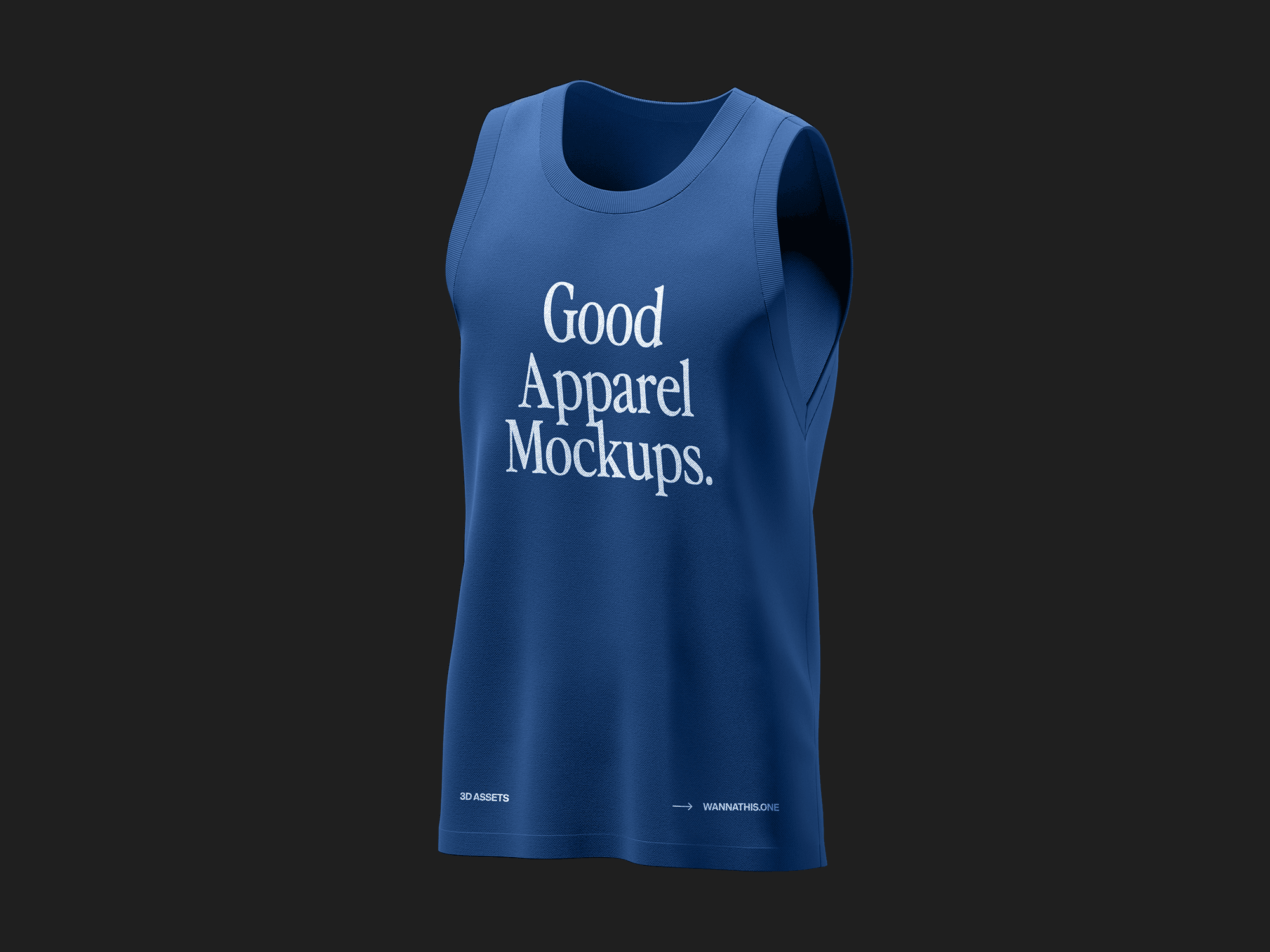 A blue tank top mockup displayed against a dark background.