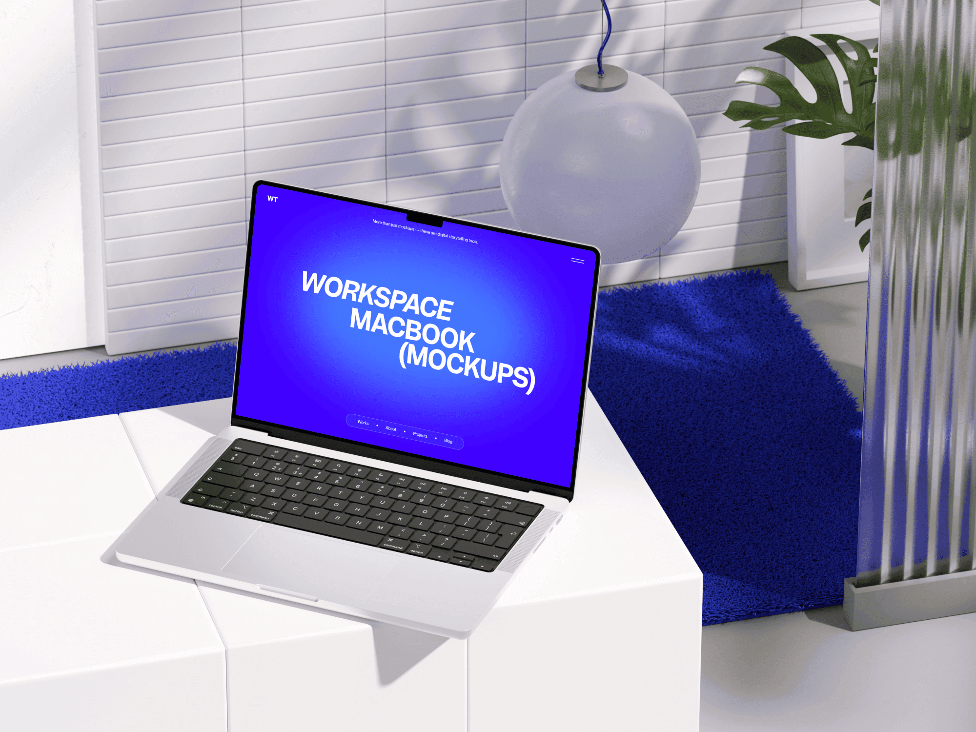 Workspace MacBook Pro mockup on a white minimalist platform