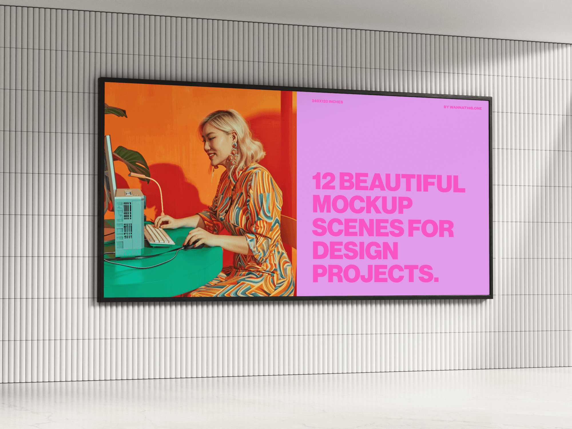 Large billboard mockup in a modern white tiled interior