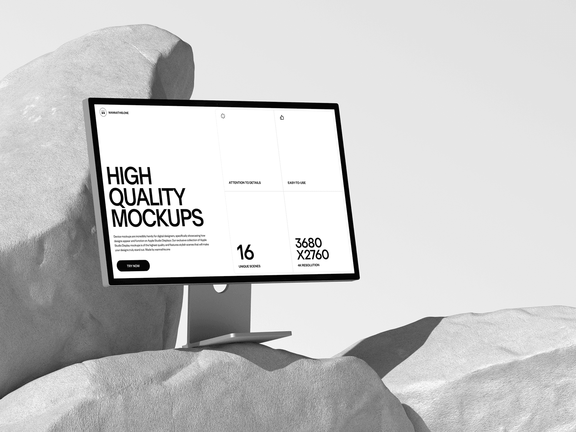 Studio Display mockup placed on natural rock elements