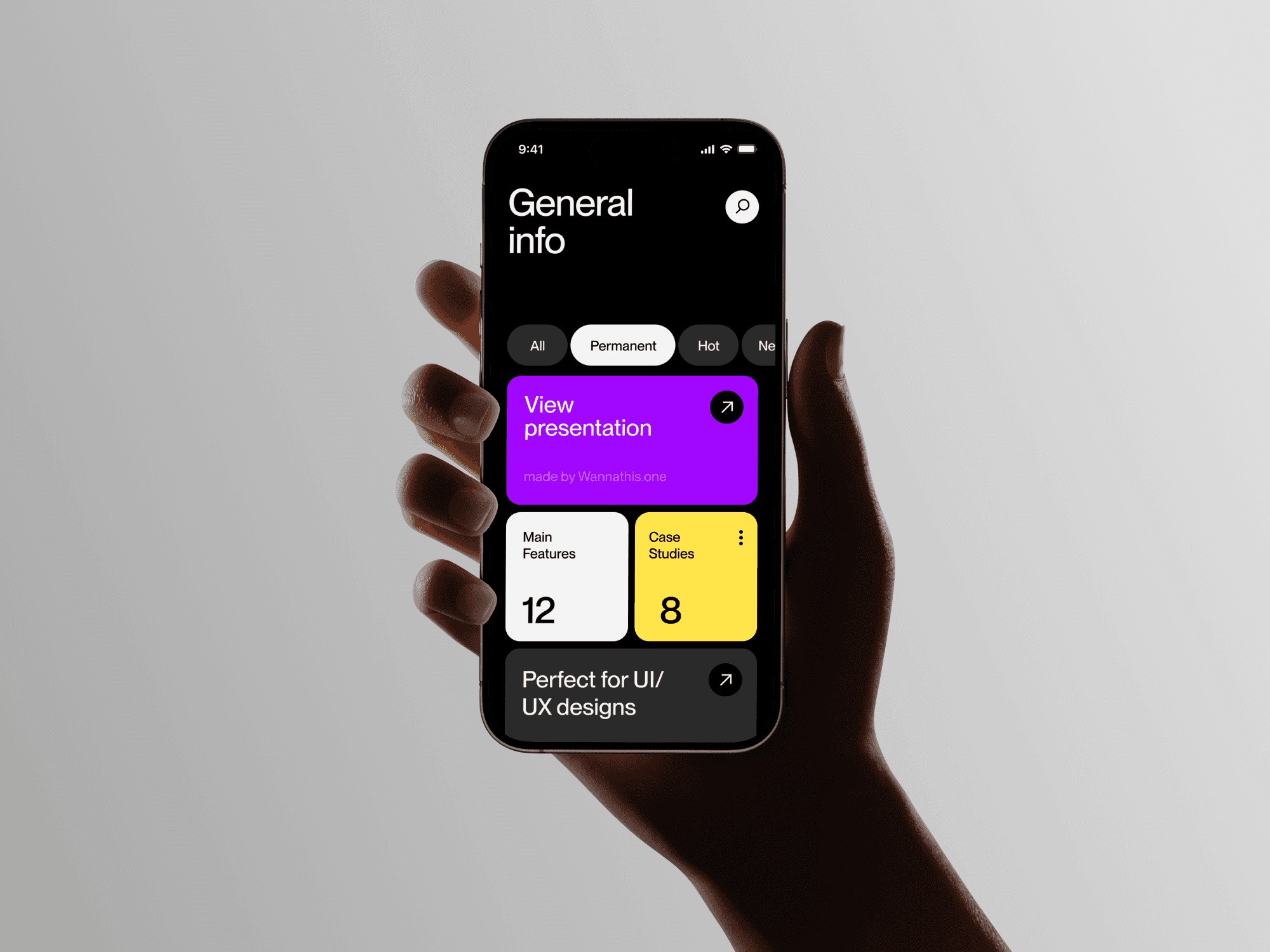 Hands holding an iPhone with a black screen against a dark gradient background
